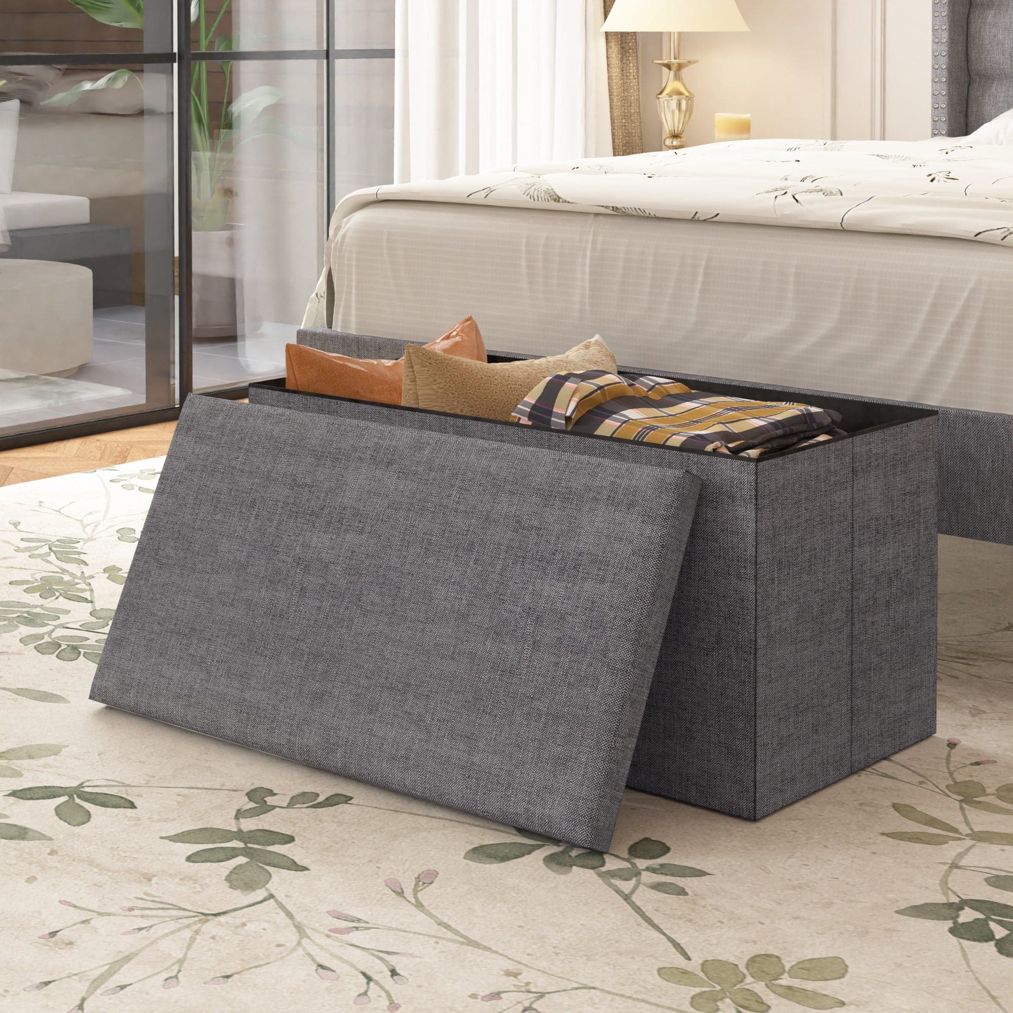 Vecelo - 30" Storage Ottoman Bench with Lid, Folding Ottoman Bench, Linen Storage Bench for Bedroom Living Room - Gray