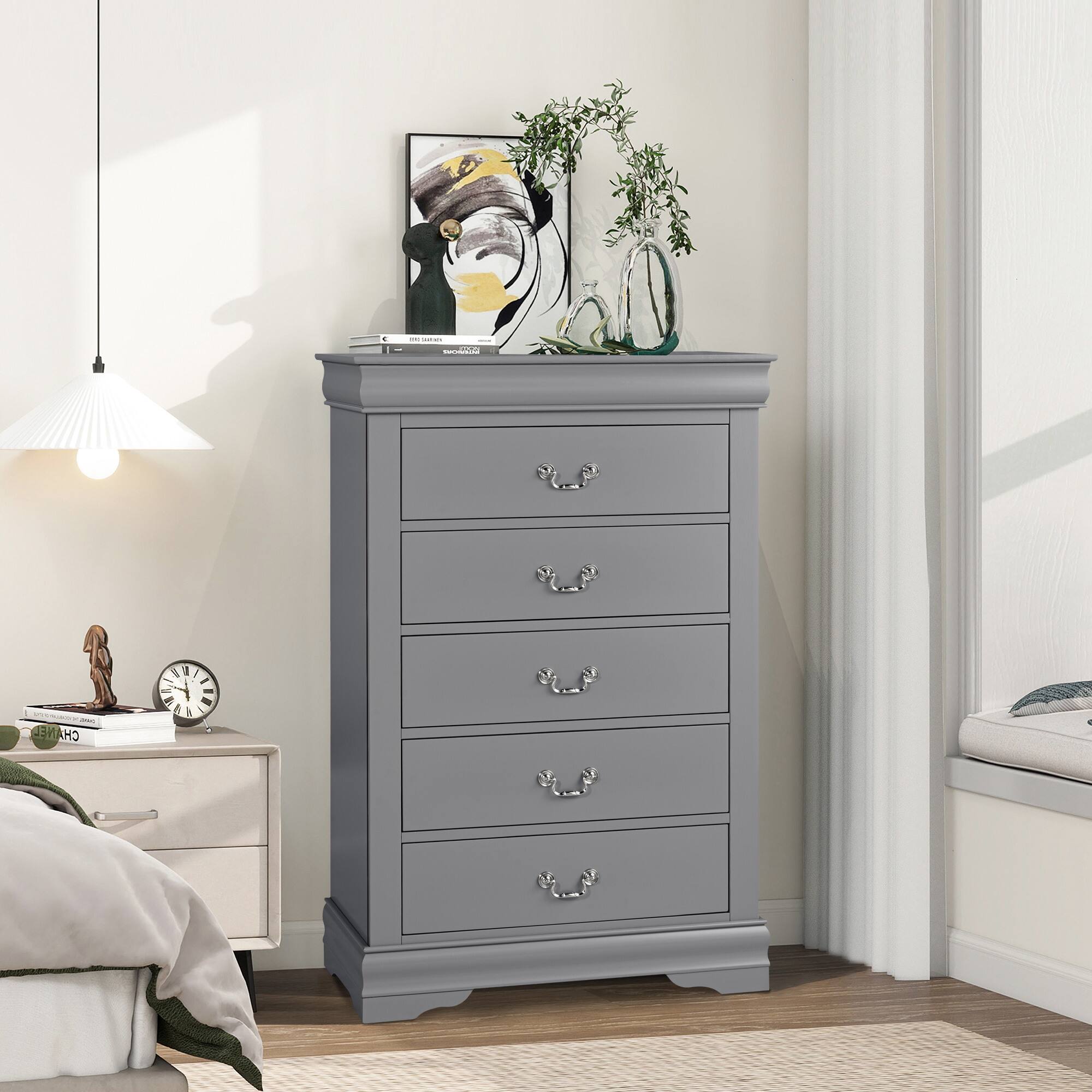 Alt View 1. Vaczon - Modern Solid Wood Chest with English Dovetail Drawers Storage for Bedroom, Living Room or Hallway Organization - Gray.