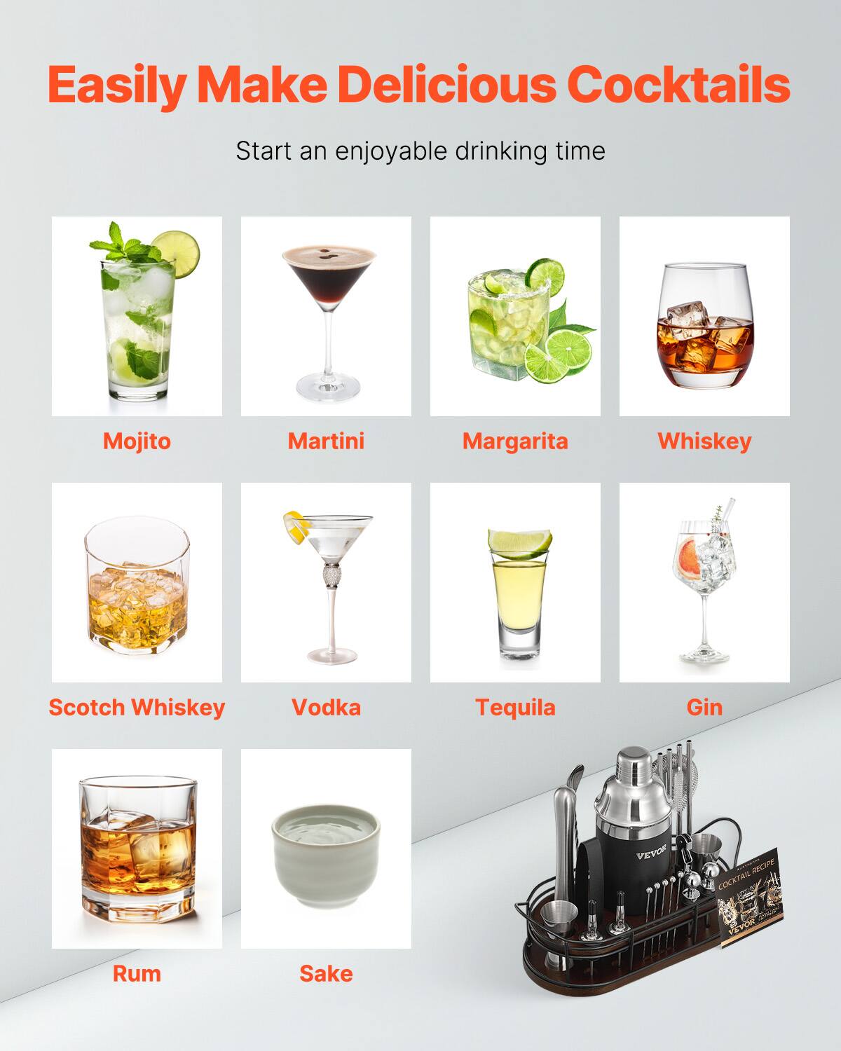Easily Make Delicious Cocktails  
Start an enjoyable drinking time  

Mojito  
Martini  
Margarita  
Whiskey  
Scotch Whiskey  
Vodka  
Tequila  
Gin  
Rum  
Sake  

VEYOR COCKTAIL RECIPE