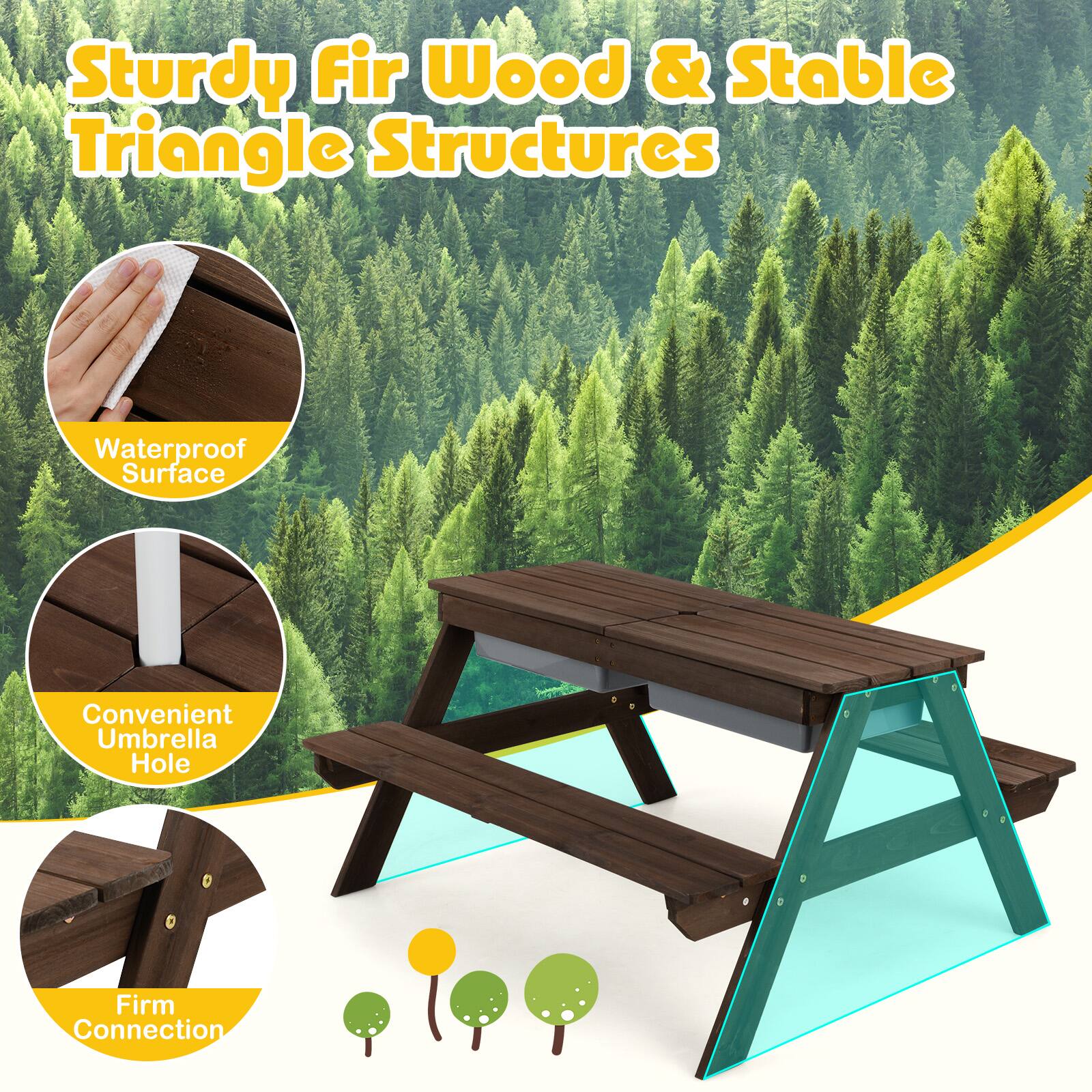 Sturdy Fir Wood & Stable Triangle Structures

- Waterproof Surface
- Convenient Umbrella Hole
- Firm Connection