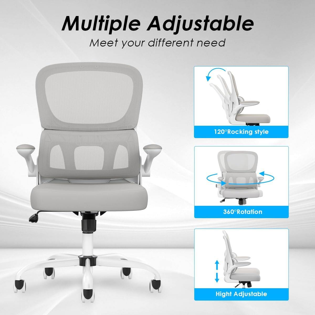 Multiple Adjustable  
Meet your different need  

120° Rocking style  
360° Rotation  
Height Adjustable
