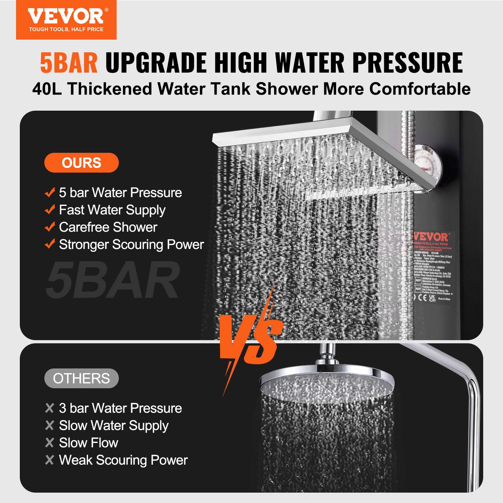 VEVOR  
TOUGH TOOLS, HALF PRICE  

5BAR UPGRADE HIGH WATER PRESSURE  
40L Thickened Water Tank Shower More Comfortable  

OURS  
- 5 bar Water Pressure  
- Fast Water Supply  
- Carefree Shower  
- Stronger Scouring Power  

5BAR vs  

OTHERS  
- 3 bar Water Pressure  
- Slow Water Supply  
- Slow Flow  
- Weak Scouring Power  

UK CE