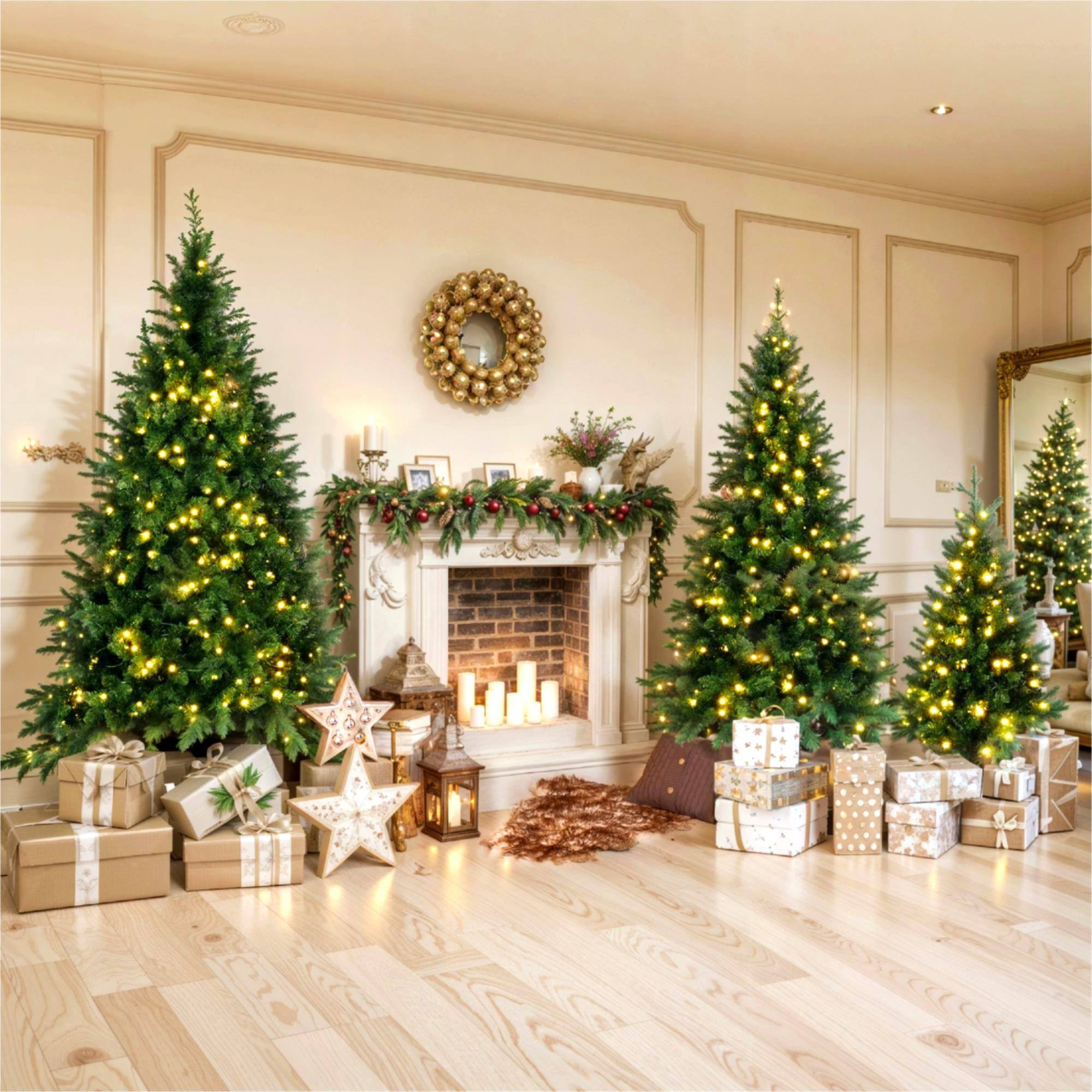 Back. BreeBe - 8FT, 6FT, 4FT Pre-Lit Green Pine Set of 3 Hinged Xmas Trees with 820 Warm-Yellow LED Lights and 2539 Branch Tips - Green.