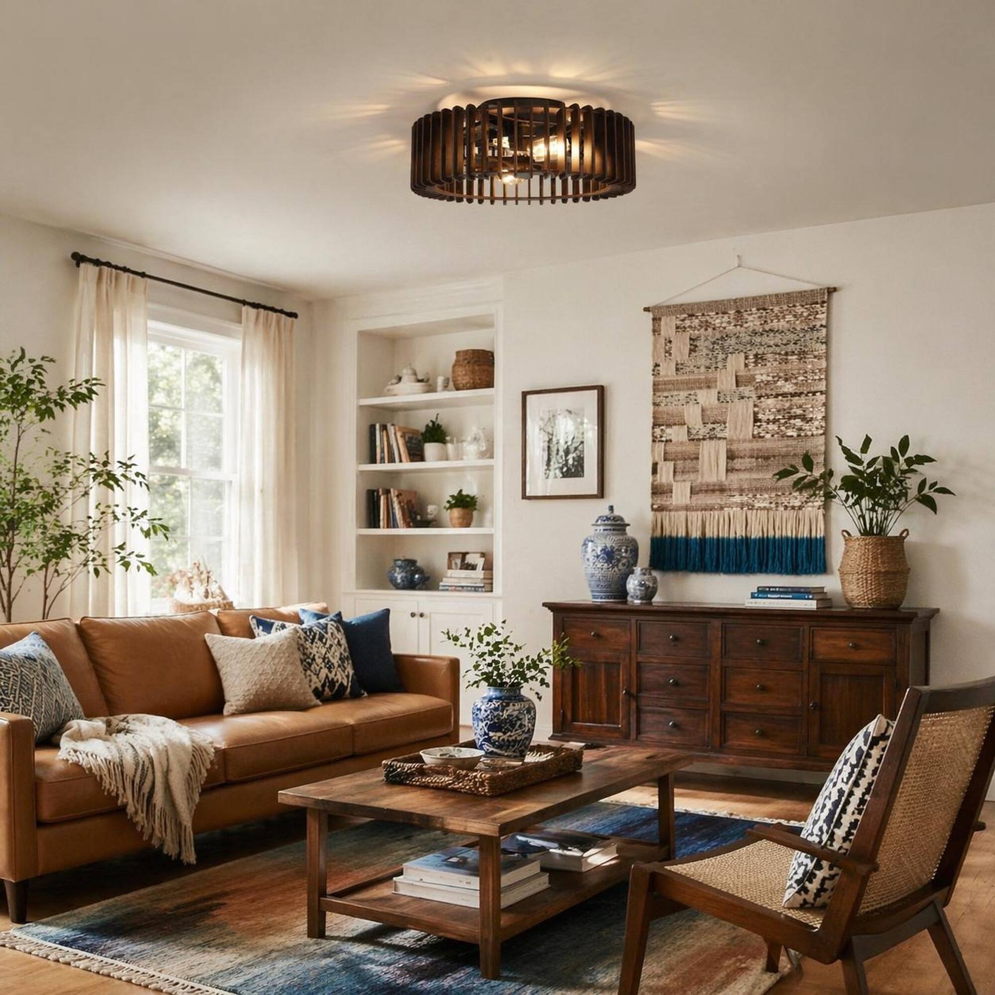 RYHNUYNE Handcrafted Wooden Semi Flush Mount Ceiling Light with 4 Light ...