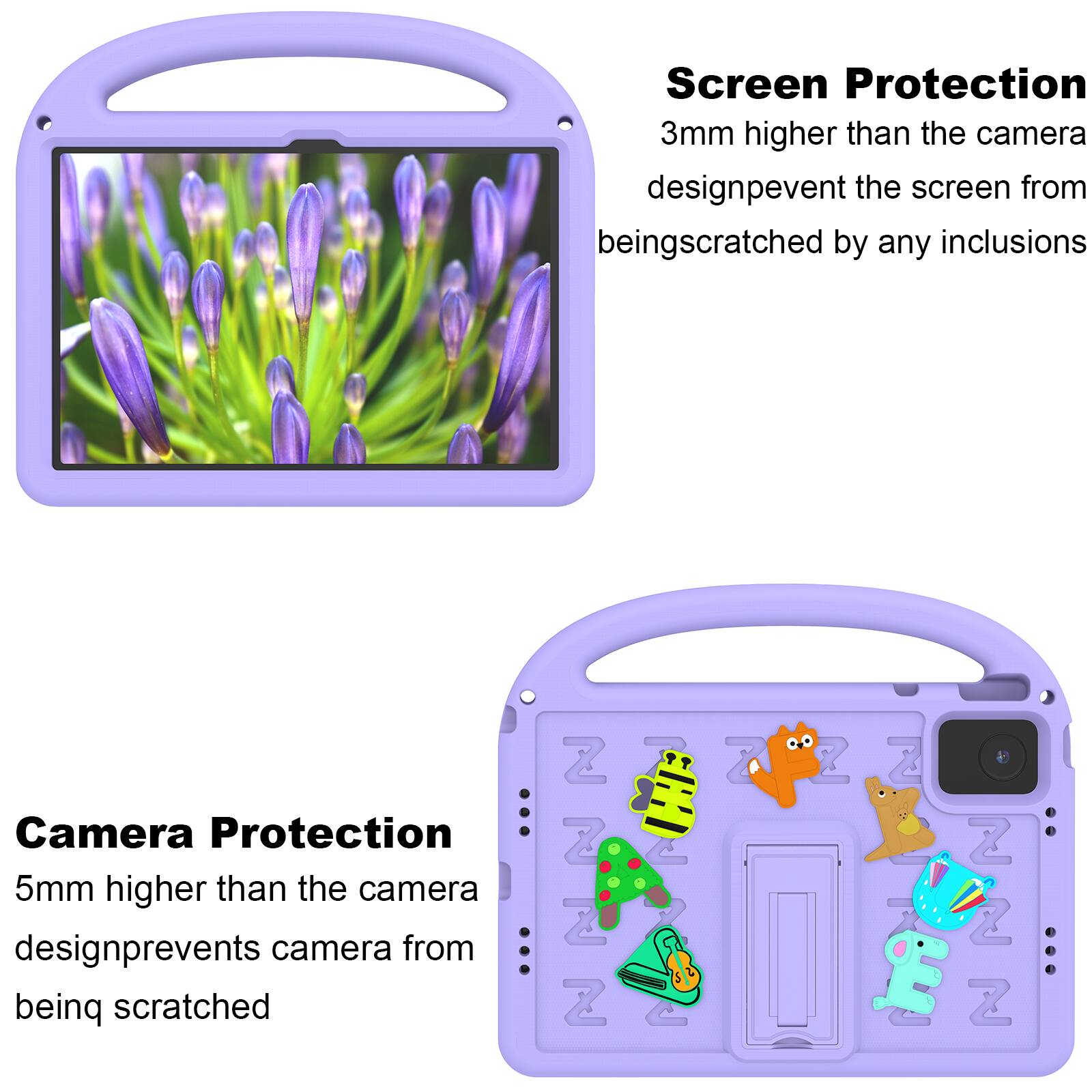Screen Protection  
3mm higher than the camera design prevents the screen from being scratched by any inclusions

Camera Protection  
5mm higher than the camera design prevents the camera from being scratched