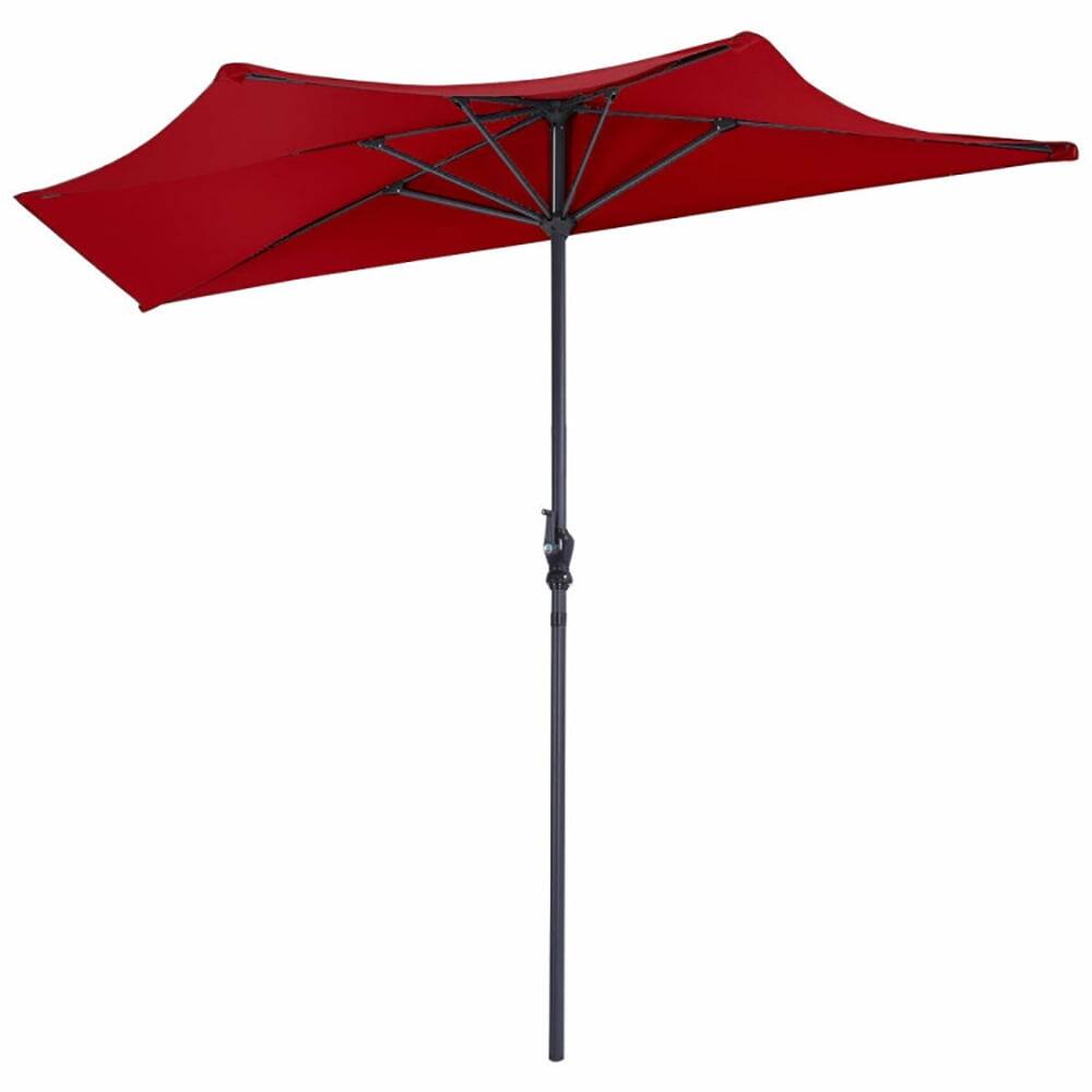 Left. Kadyn - 9Ft Patio Bistro Half Round Umbrella -Dark Red, Patio Offset Umbrella with Tilt Adjustment, Outdoor Hanging Umbrella.
