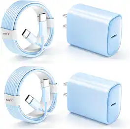 Bundle - Core Tech - 2-Pack 20W USB-C Fast Charger Blocks with 2 10 ft USB-C Cables for iPhone 18/17/16/15 - Blue - Blue