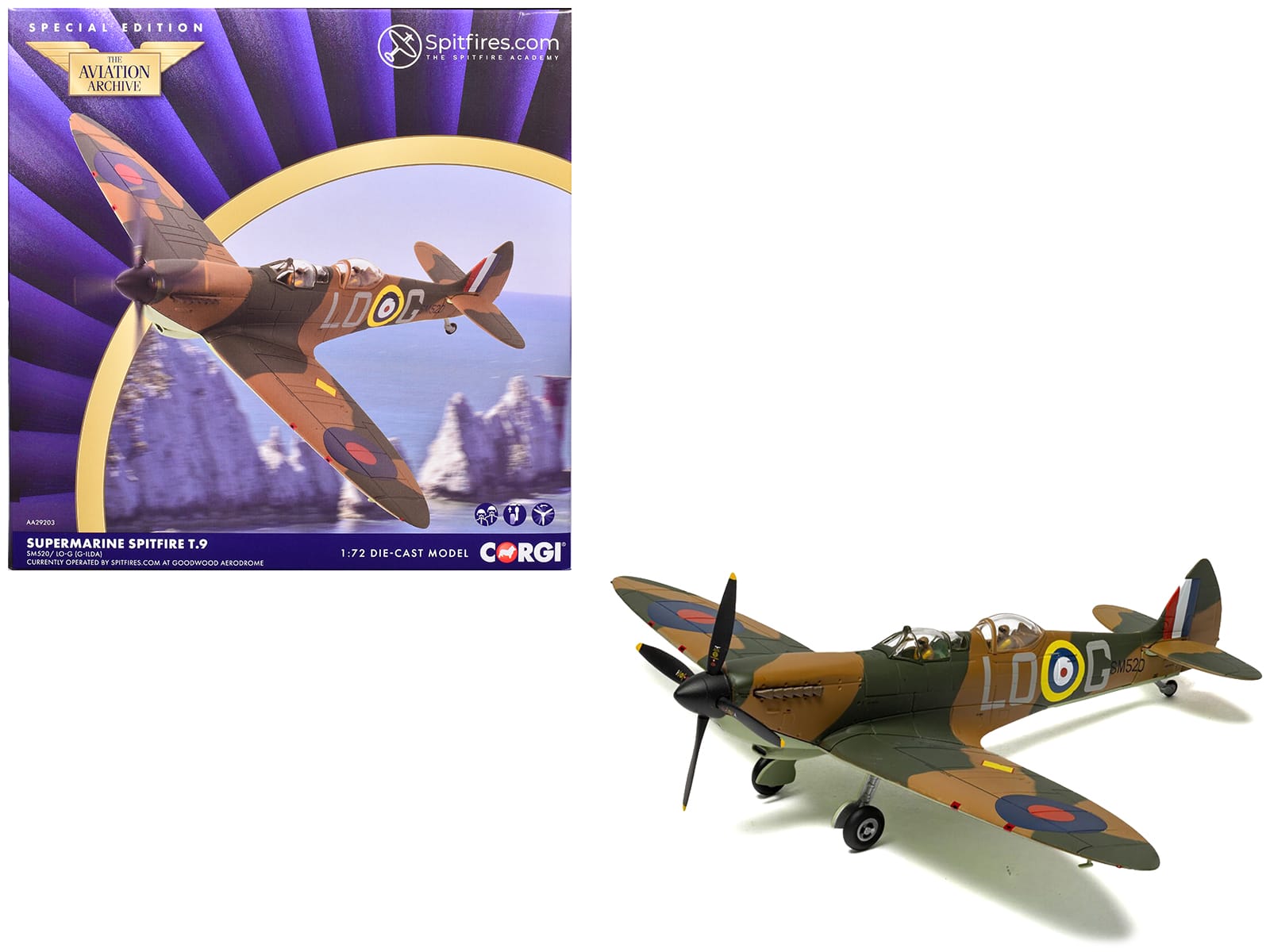 "Supermarine Spitfire T.9 Aircraft ""SM520, Spitfires.com, Goodwood Aerodrome"" British Royal Air Force 1/72 Model by Corgi" price history on PriceWatchPro