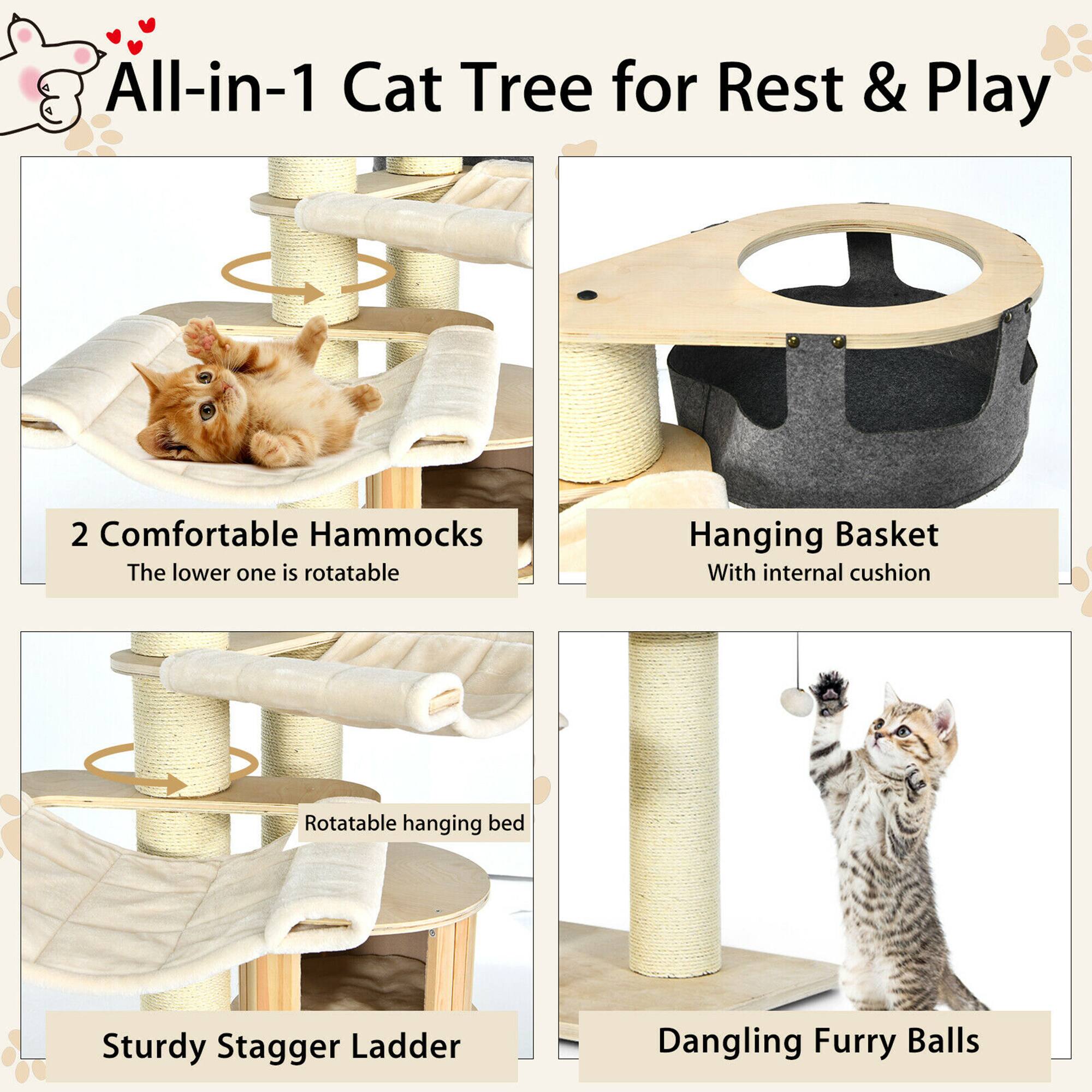 All-in-1 Cat Tree for Rest & Play

- 2 Comfortable Hammocks
  - The lower one is rotatable

- Hanging Basket
  - With internal cushion

- Sturdy Stagger Ladder

- Rotatable hanging bed

- Dangling Furry Balls