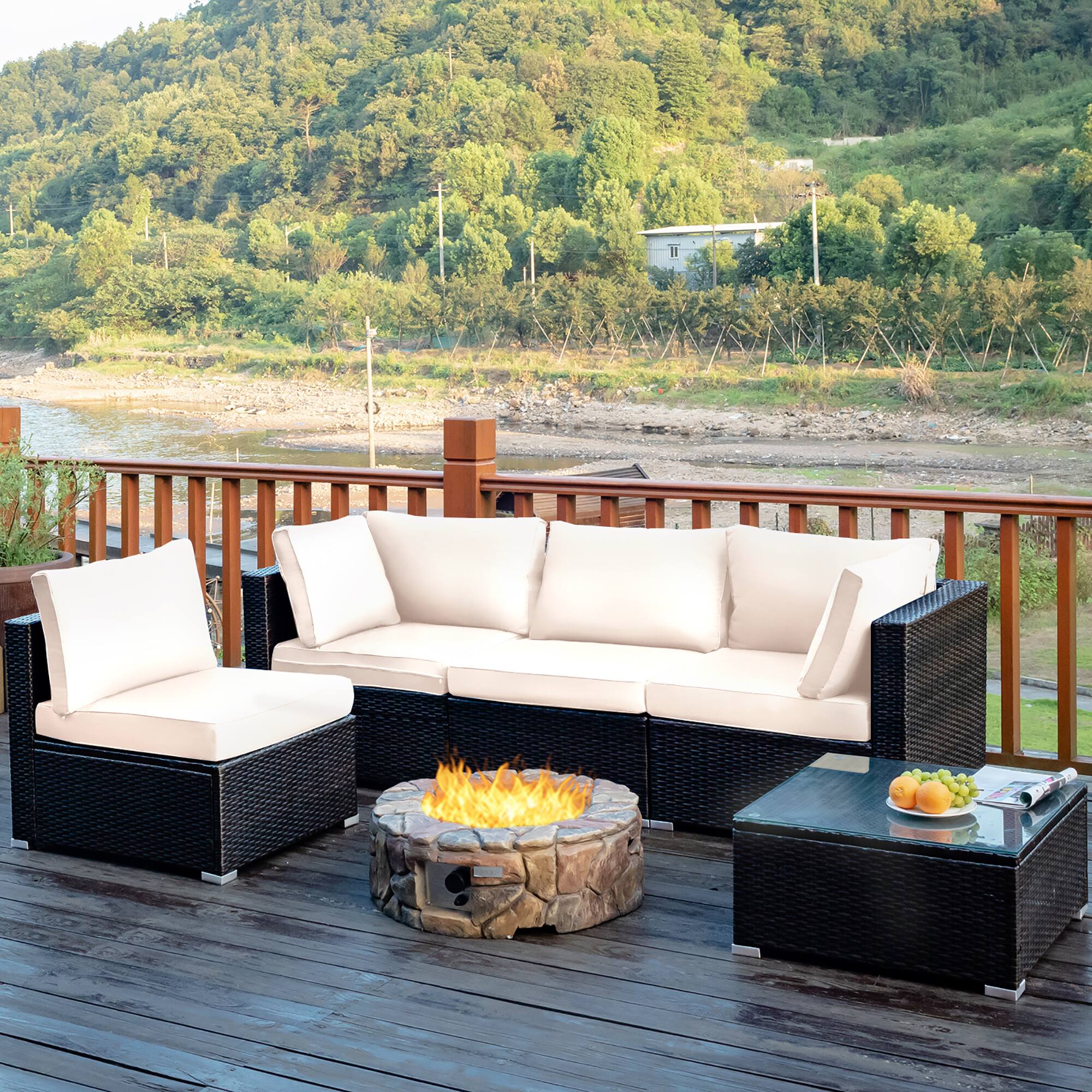 Alt View 1. Costway - 5PCS Patio Rattan Furniture Set Cushioned Sofa Chair Coffee Table - White.