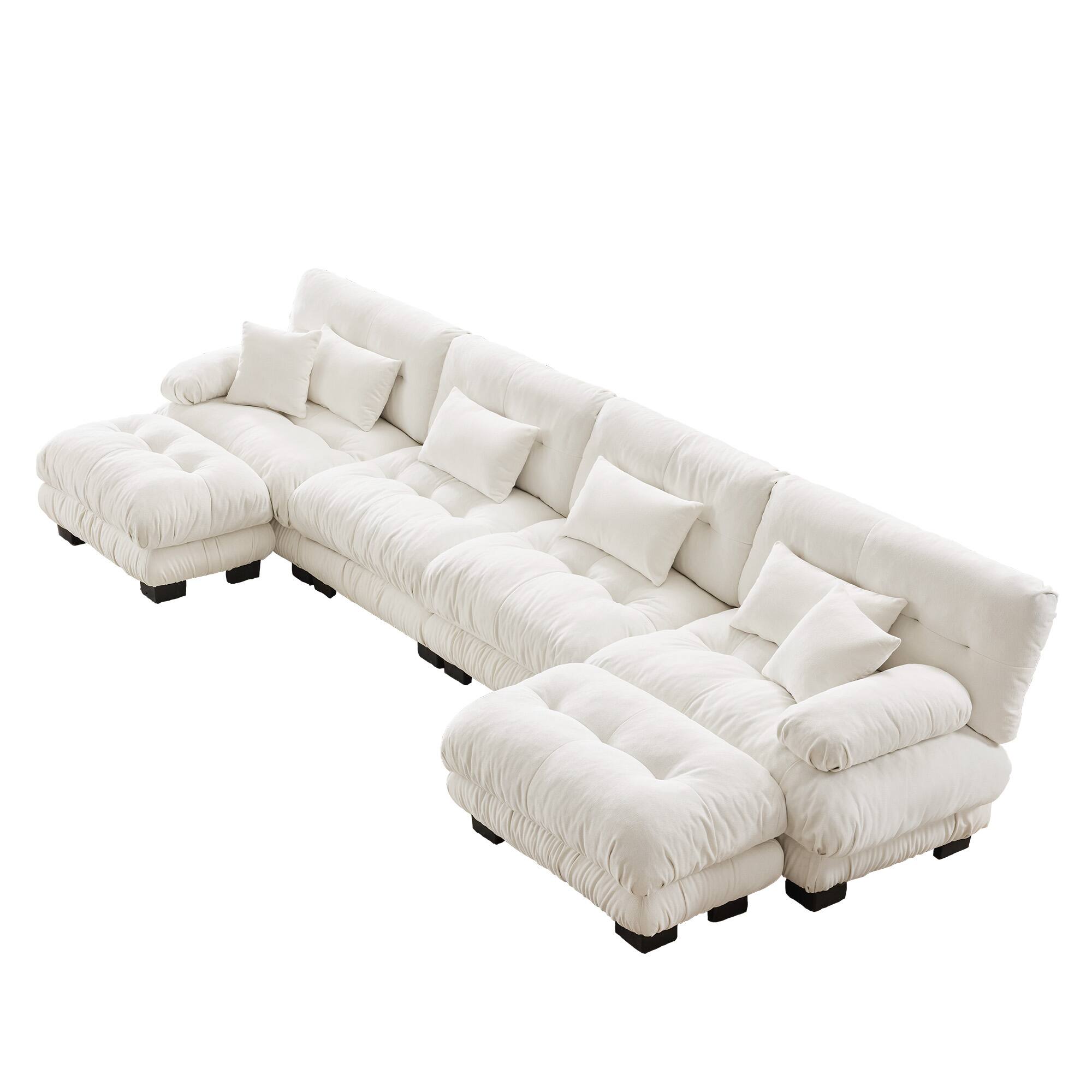 Back. DOMETOUR - Free Combination Modular Sectional Sofa,U Shaped Couch for Living Room, 4-Seater Comfy Cloud Couch with 2 Ottomans - Chenille White.