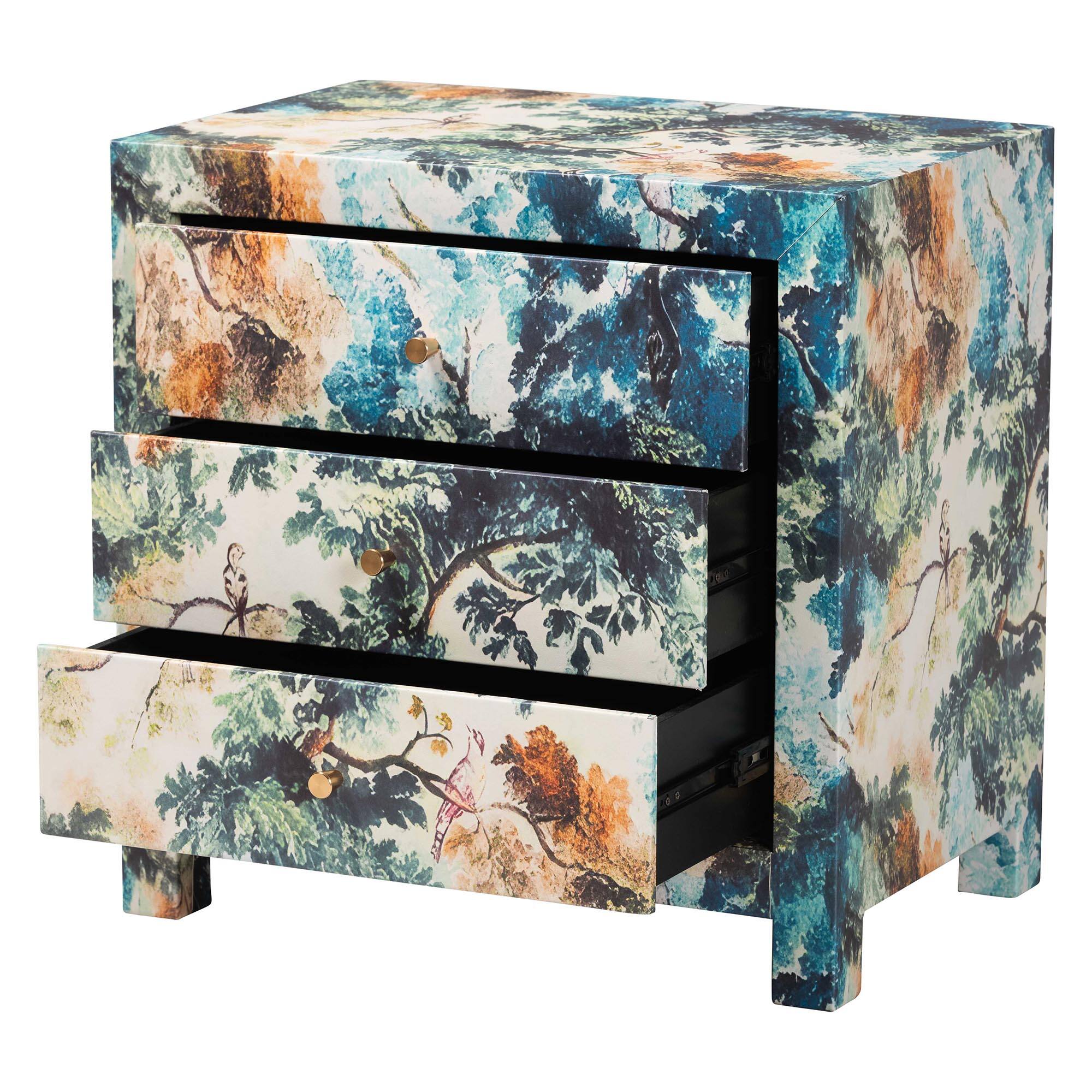 Angle. Baxton Studio - Adeline End Table with Printed Nature Motif - 3-Drawer Storage Cabinet with Gold Knobs - Multicolor/Brass.