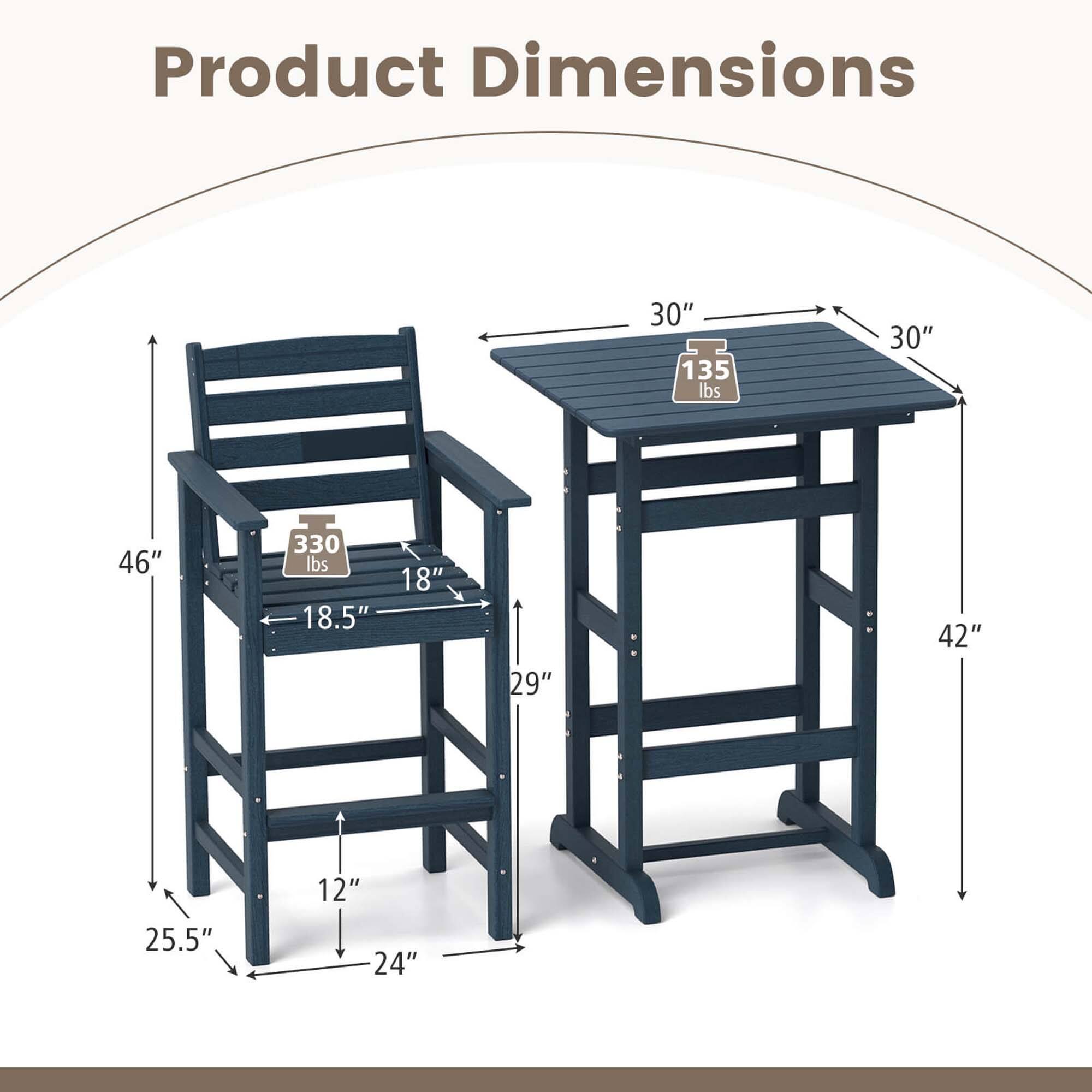 Product Dimensions

- Table: 30" x 30" x 42"
- Weight Capacity: 135 lbs
- Chair: 18.5" x 18" x 29"
- Weight Capacity: 330 lbs
- Seat Height: 24"
- Overall Height: 46"
- Seat Depth: 25.5"