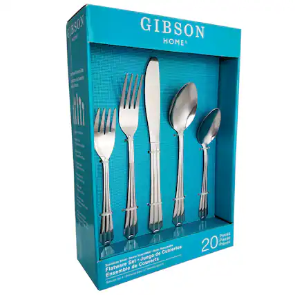 Gibson Home! Gibson Home features a for dining set that includes a fork, knife, and spoon. The set is made of stainless steel, making it durable and easy to clean. The set comes with 20 pieces, making it perfect for a family of four or for entertaining guests. The stainless steel material is both practical and elegant, making it a great addition to any home.