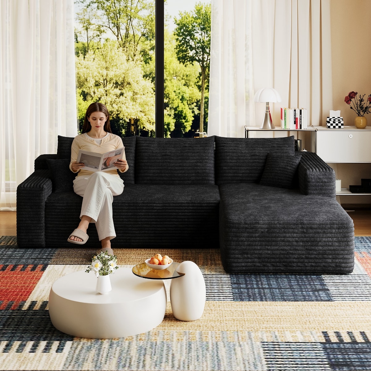 Ropilly - 95 Inch U Shaped Sectional Sofa, Black Corduroy Sectional Sofa with Deep Seat Corner Couch - Black