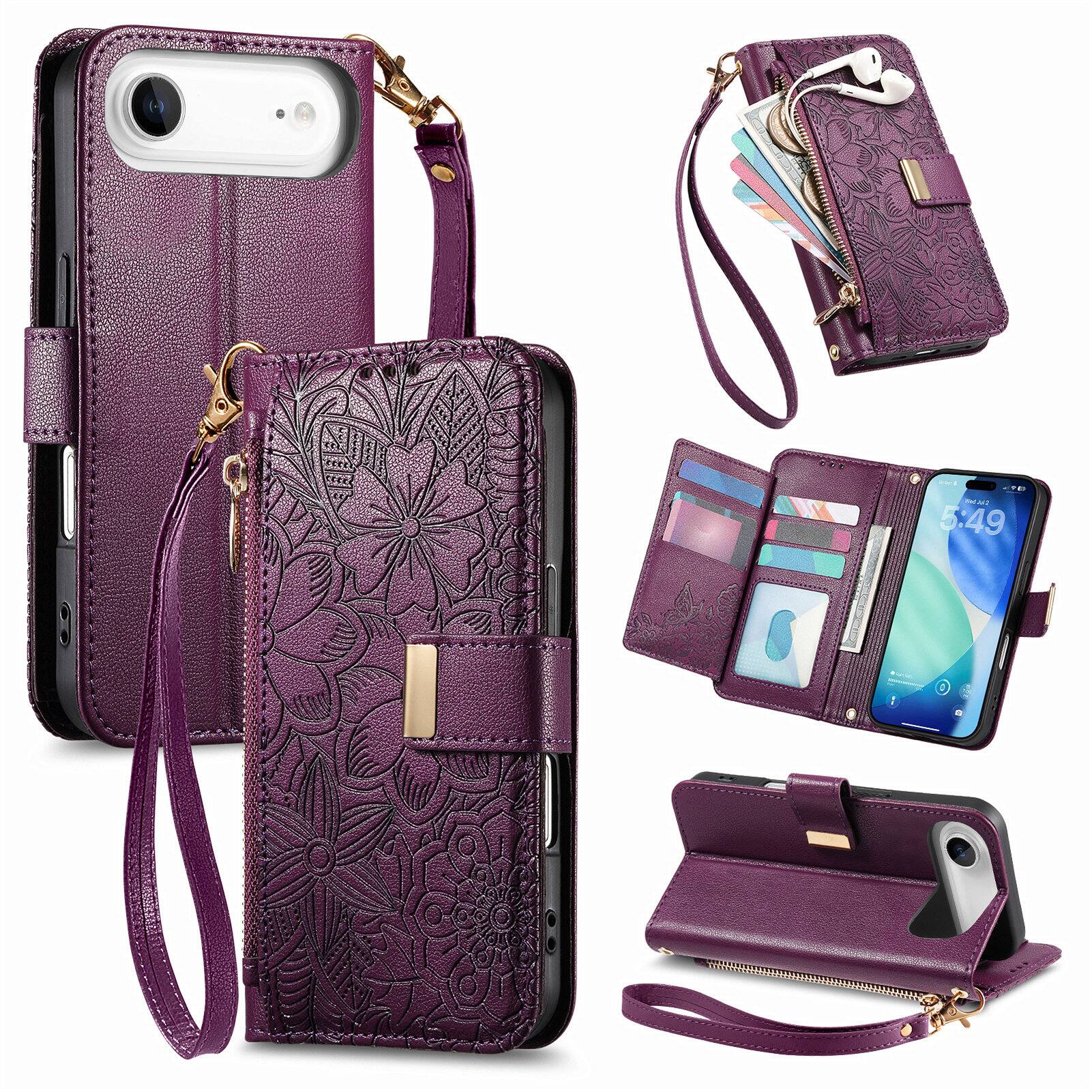Alt View 5. Dteck - Floral Embossed Leather Zipper Cash Slot Wallet Case for Apple iPhone Air with Detachable Strap - Purple.