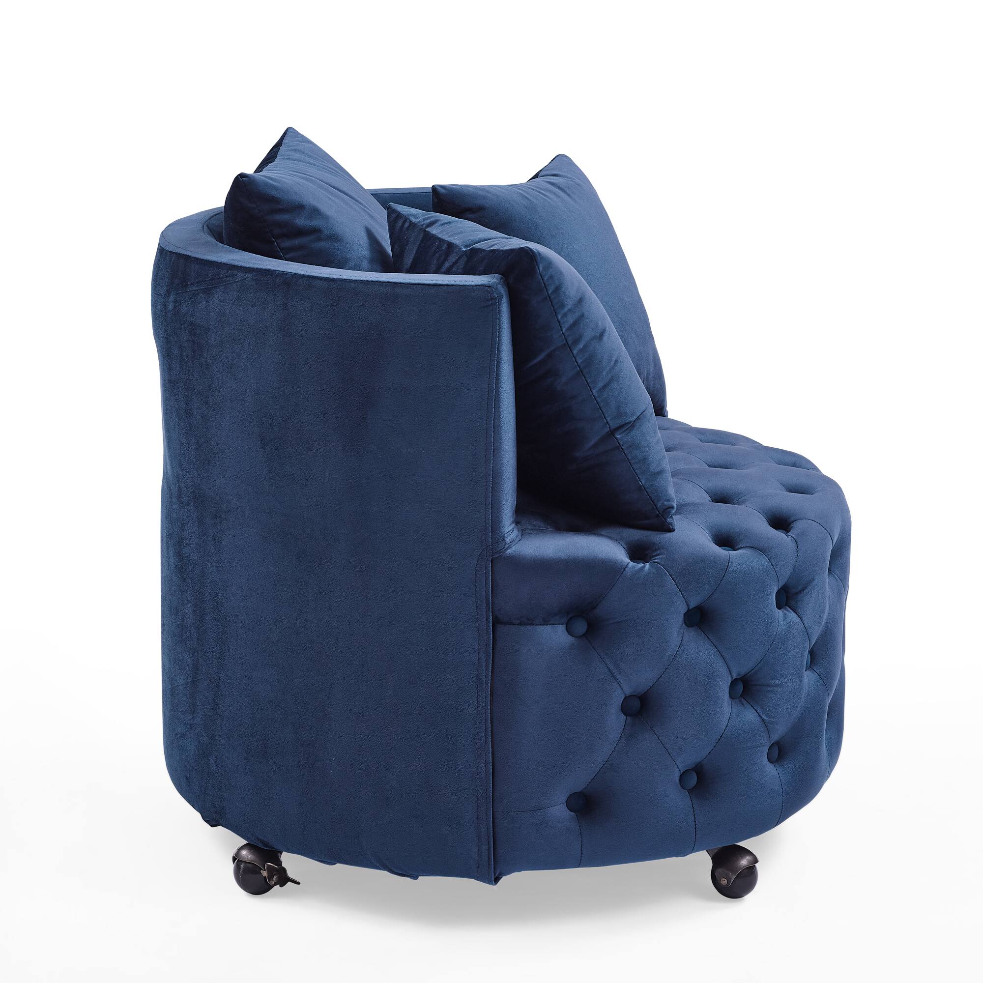 Alt View 2. Trinkets Crazed - Velvet Upholstered Swivel Chair for Living Room, with Button Tufted Design and Movable Wheels, Including 3 Pillows - Blue.