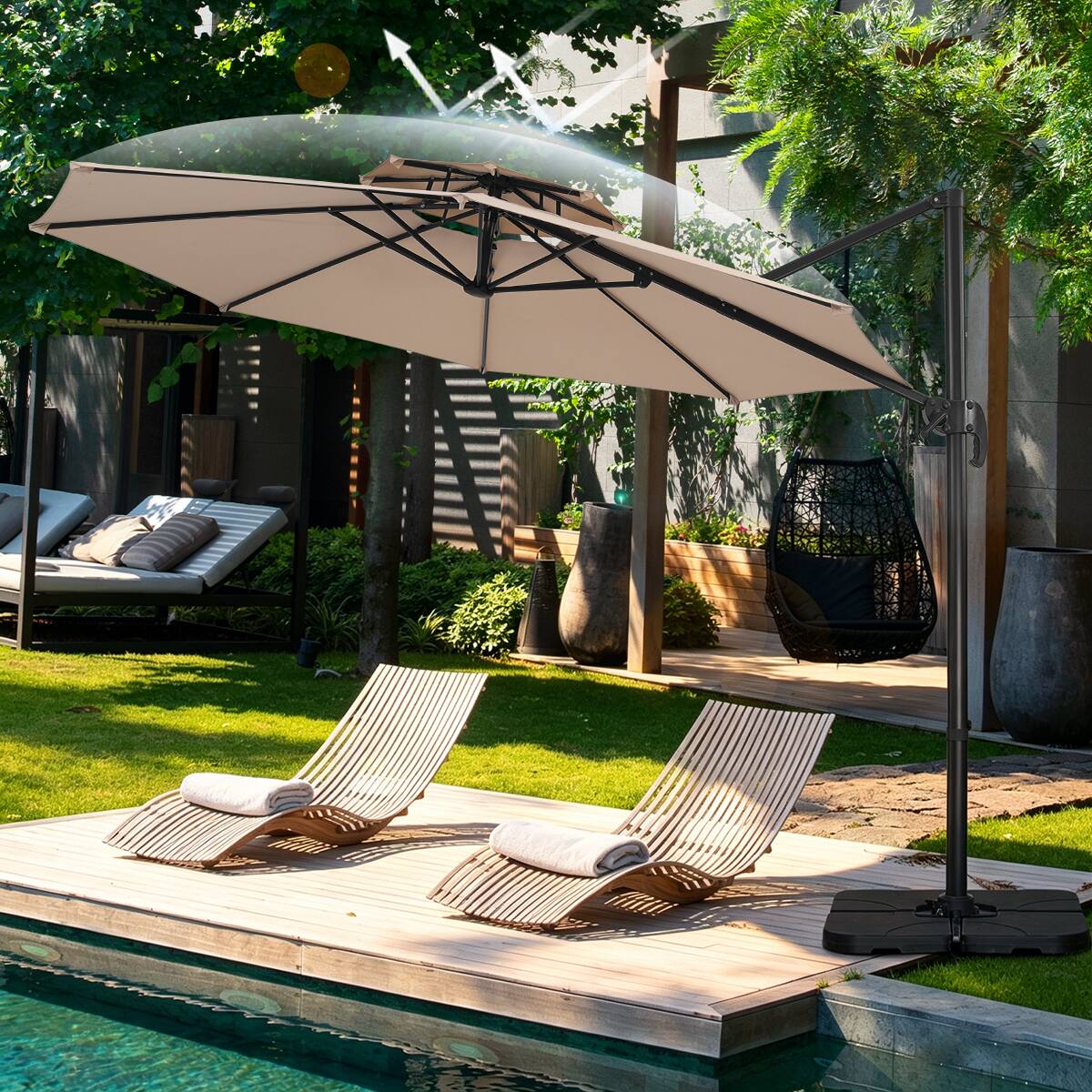 Angle. Ainfox - Ainfox 10FT Double Top Cantilever Patio Umbrella with Cross Base,Offset Hanging with Tilt Adjustment & 360 Rotation - Beige.