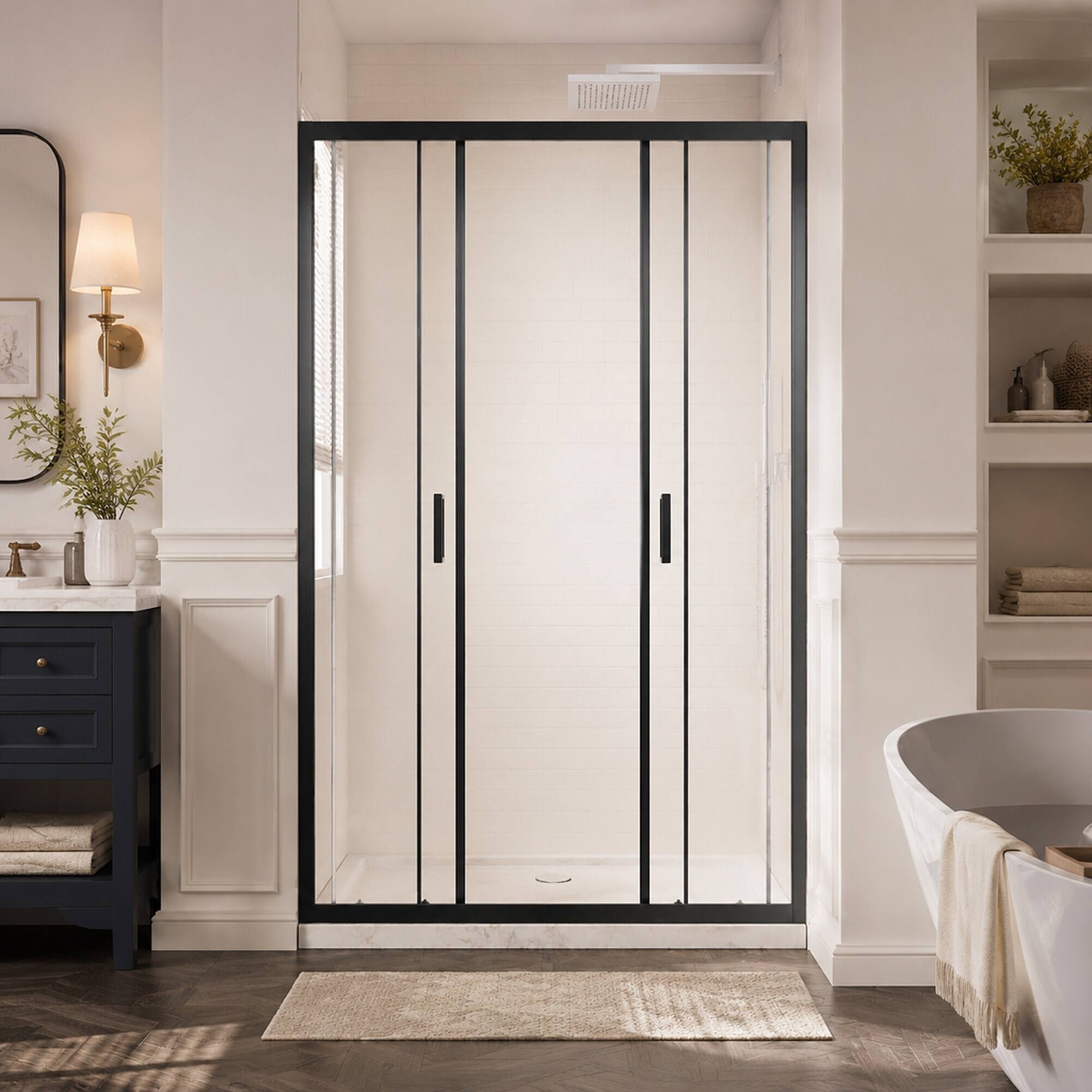 Back. RYHNUYNE - 48 In X 72 In Framed Double Sliding Shower Door, 1/4 In Clear Tempered Glass With Stainless Steel Handles Black Finish - Matt Black.