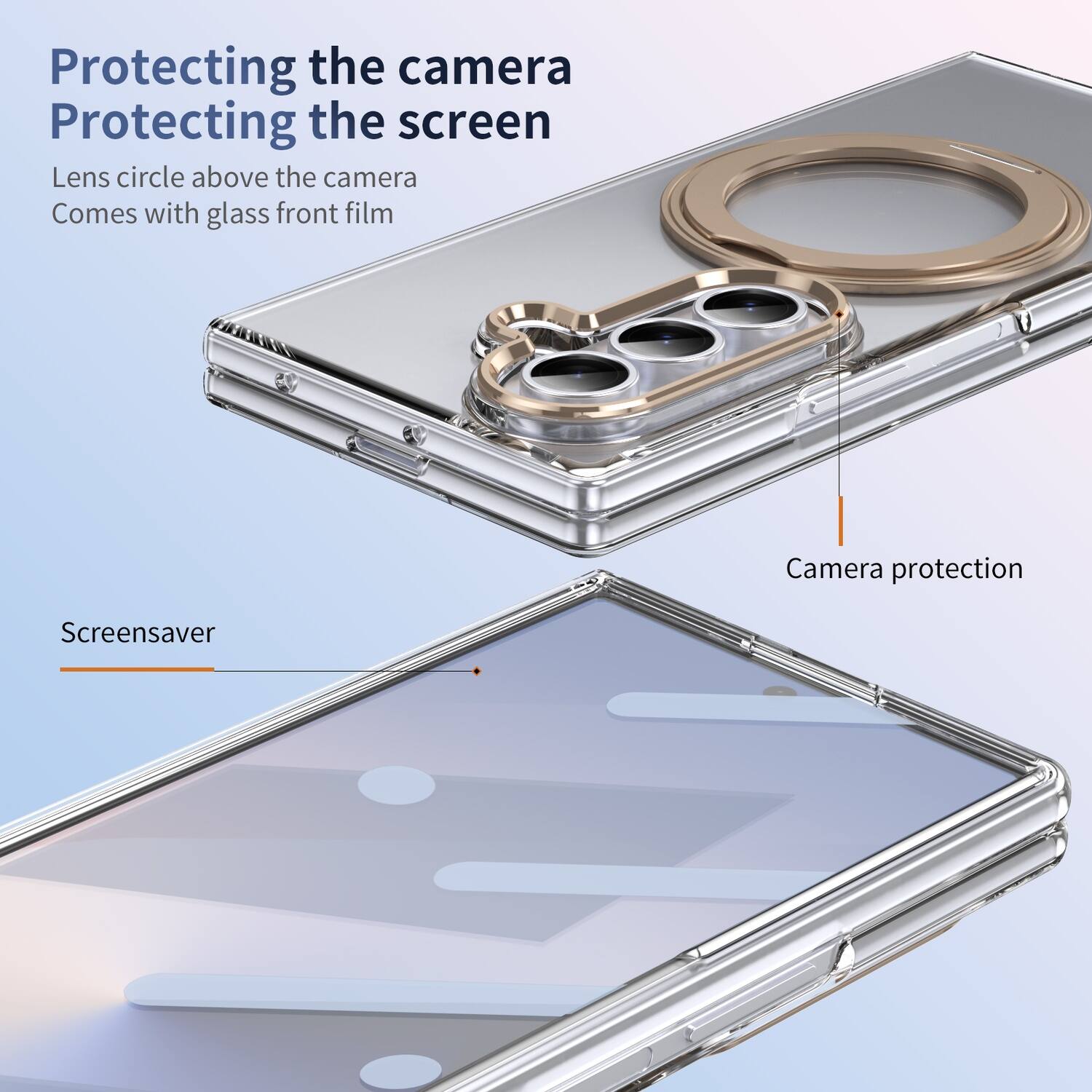 Protecting the camera  
Protecting the screen  
Lens circle above the camera  
Comes with glass front film  

Screensaver  

Camera protection