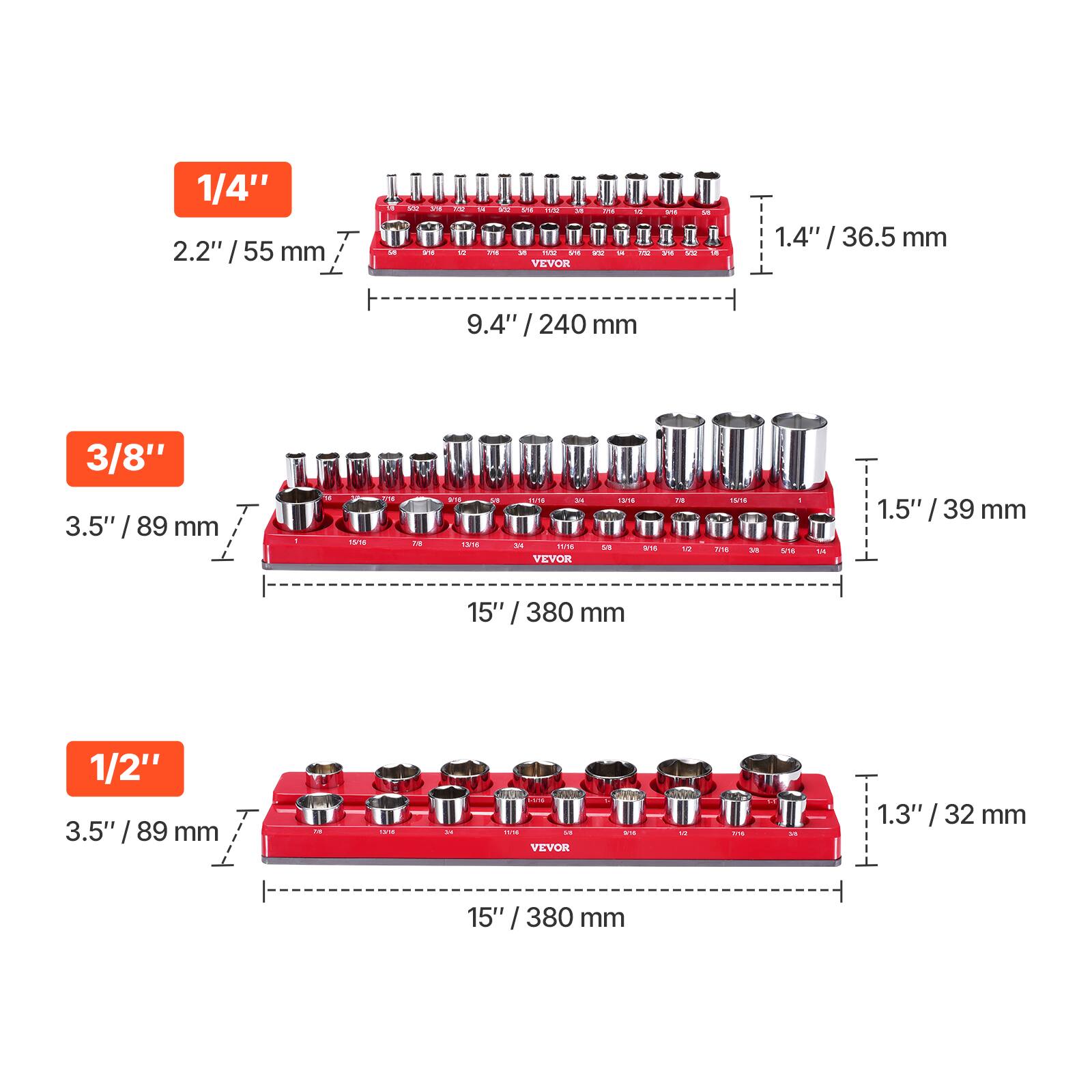 1/4"  
2.2" / 55 mm  
9.4" / 240 mm  
1.4" / 36.5 mm  

3/8"  
3.5" / 89 mm  
15" / 380 mm  
1.5" / 39 mm  

1/2"  
3.5" / 89 mm  
15" / 380 mm  
1.3" / 32 mm