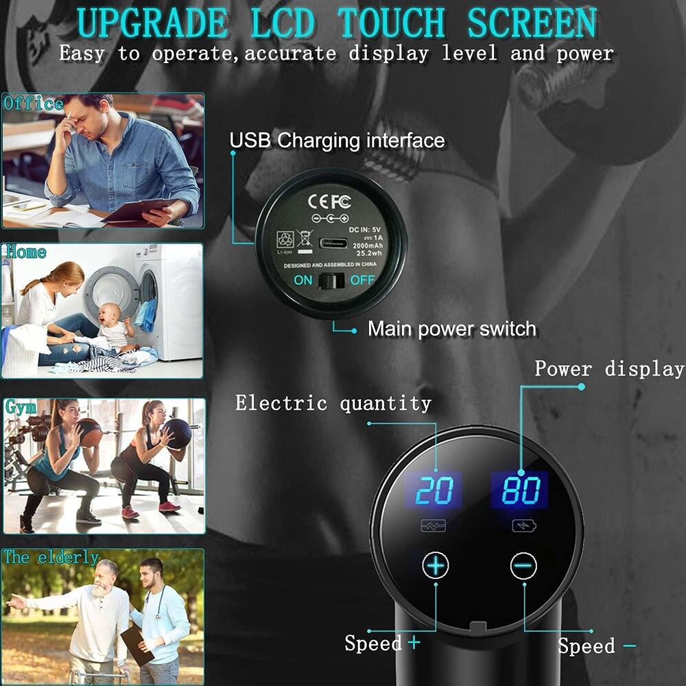 **UPGRADE LCD TOUCH SCREEN**  
Easy to operate, accurate display level and power

- **Office**
- **Home**
- **Gym**
- **The elderly**

**USB Charging interface**  
DC IN: 5V  
2000mAh  
25.2wh  
DESIGNED AND ASSEMBLED IN CHINA

**Main power switch**  
ON  
OFF

**Electric quantity**  
20  
80

**Power display**

**Speed +**  
**Speed -**