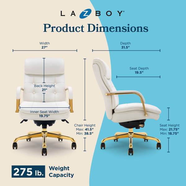 LA Z BOY Product Dimensions  
Width: 27"  
Depth: 31.5"  
Seat Depth: 19.5"  
Back Height: 21"  
Inner Seat Width: 19.75"  
Chair Height: Max: 41.5" Min: 38.5"  
Seat Height: Max: 21.75" Min: 18.75"  
Weight Capacity: 275 lb.