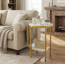 Pefilos - 2-Tier Round Coffee Table, Faux Marble Top Golden Metal Frame Built-In Storage Shelf - White