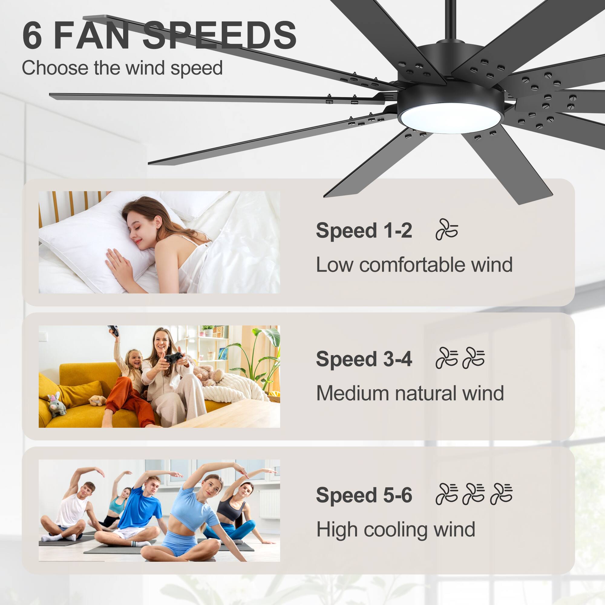 6 FAN SPEEDS  
Choose the wind speed

Speed 1-2  
Low comfortable wind

Speed 3-4  
Medium natural wind

Speed 5-6  
High cooling wind