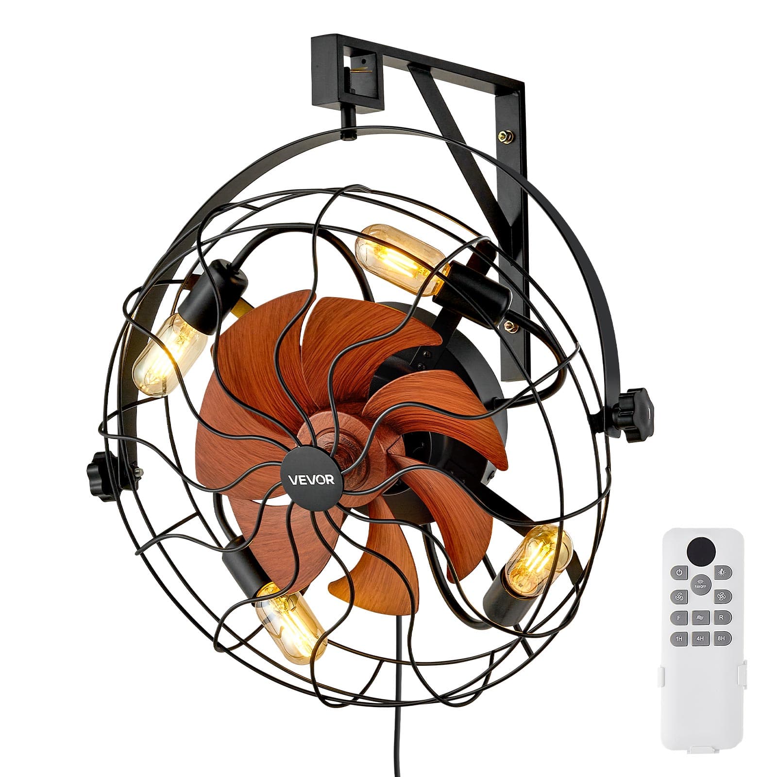 VEVOR - Wall Mounted Fan with Lights, 21 inch Wall Mount Fan with Remote, 6 Speeds Plug in Wall Fan, Timer, 360°Adjustable Tilt - Black