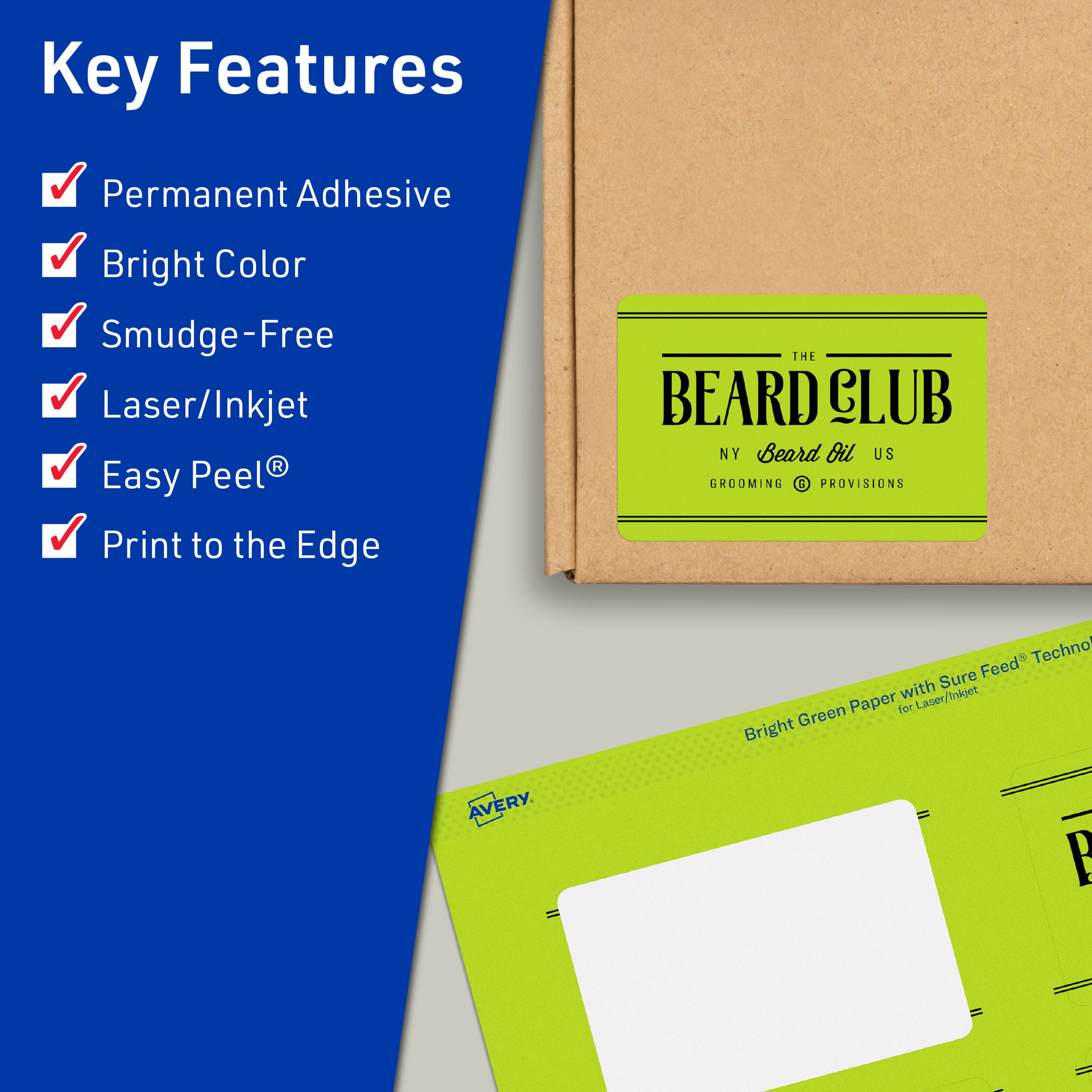 Key Features  
- Permanent Adhesive  
- Bright Color  
- Smudge-Free  
- Laser/Inkjet  
- Easy Peel®  
- Print to the Edge  

THE BEARD CLUB  
NY Beard Oil US  
GROOMING PROVISIONS  

Bright Green Paper with Sure Feed® Technology for Laser/Inkjet  

AVERY