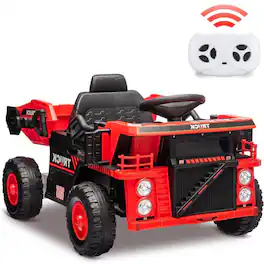 GARVEE - Kids Electric Ride on Toy 12V, Dump Truck, Remote Control, Dump Bed, Shovel - Red