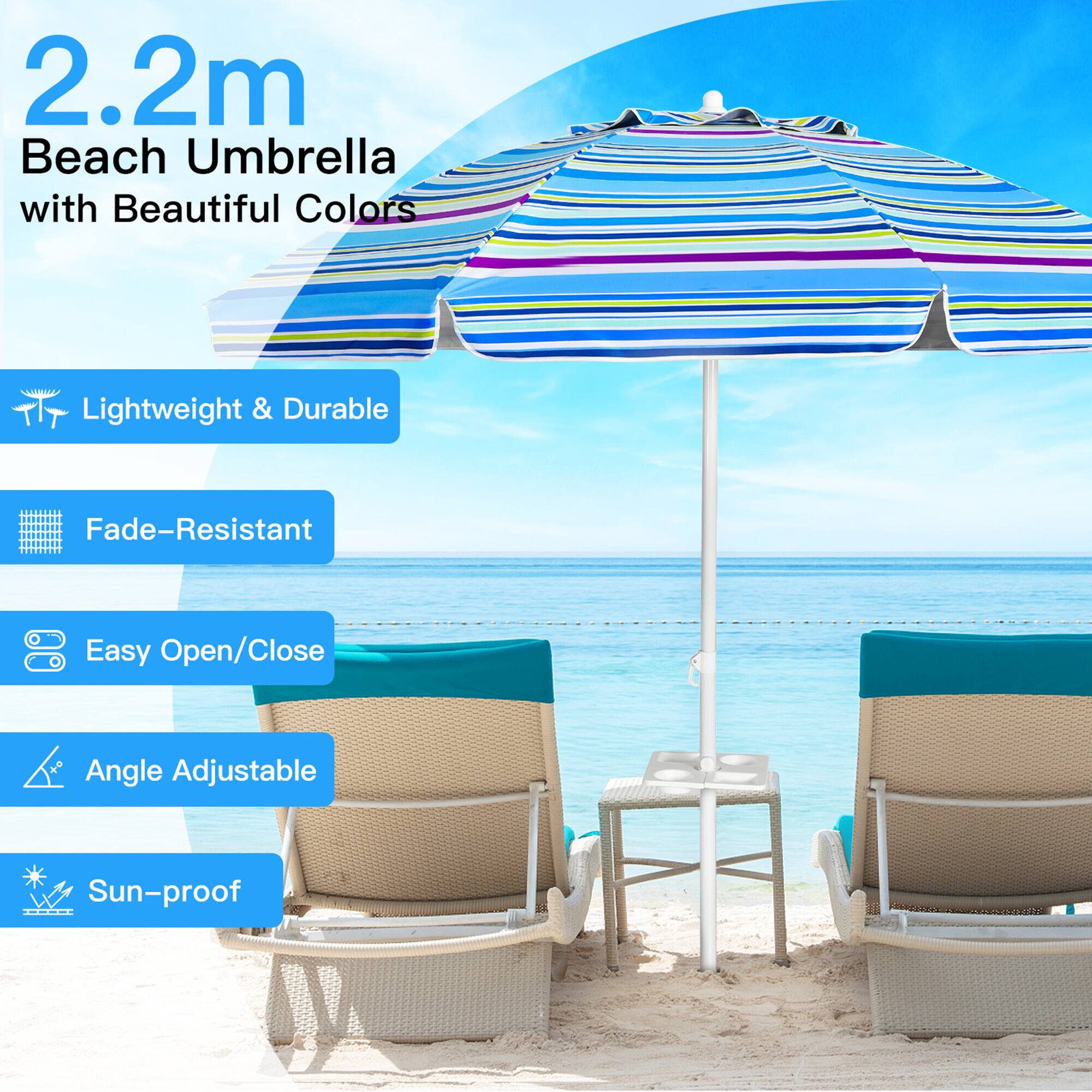 2.2m Beach Umbrella with Beautiful Colors

- Lightweight & Durable
- Fade-Resistant
- Easy Open/Close
- Angle Adjustable
- Sun-proof
