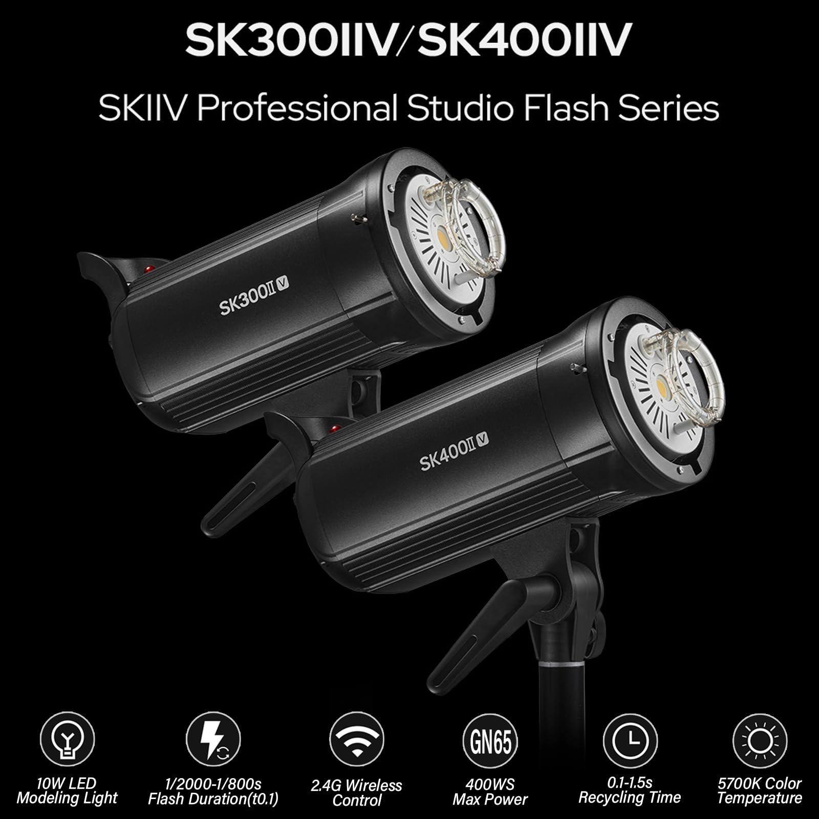 SK300IIV/SK400IIV  
SKIIV Professional Studio Flash Series  

- 10W LED Modeling Light  
- 1/2000-1/800s Flash Duration (t0.1)  
- 2.4G Wireless Control  
- GN65  
- 400WS Max Power  
- 0.1-1.5s Recycling Time  
- 5700K Color Temperature