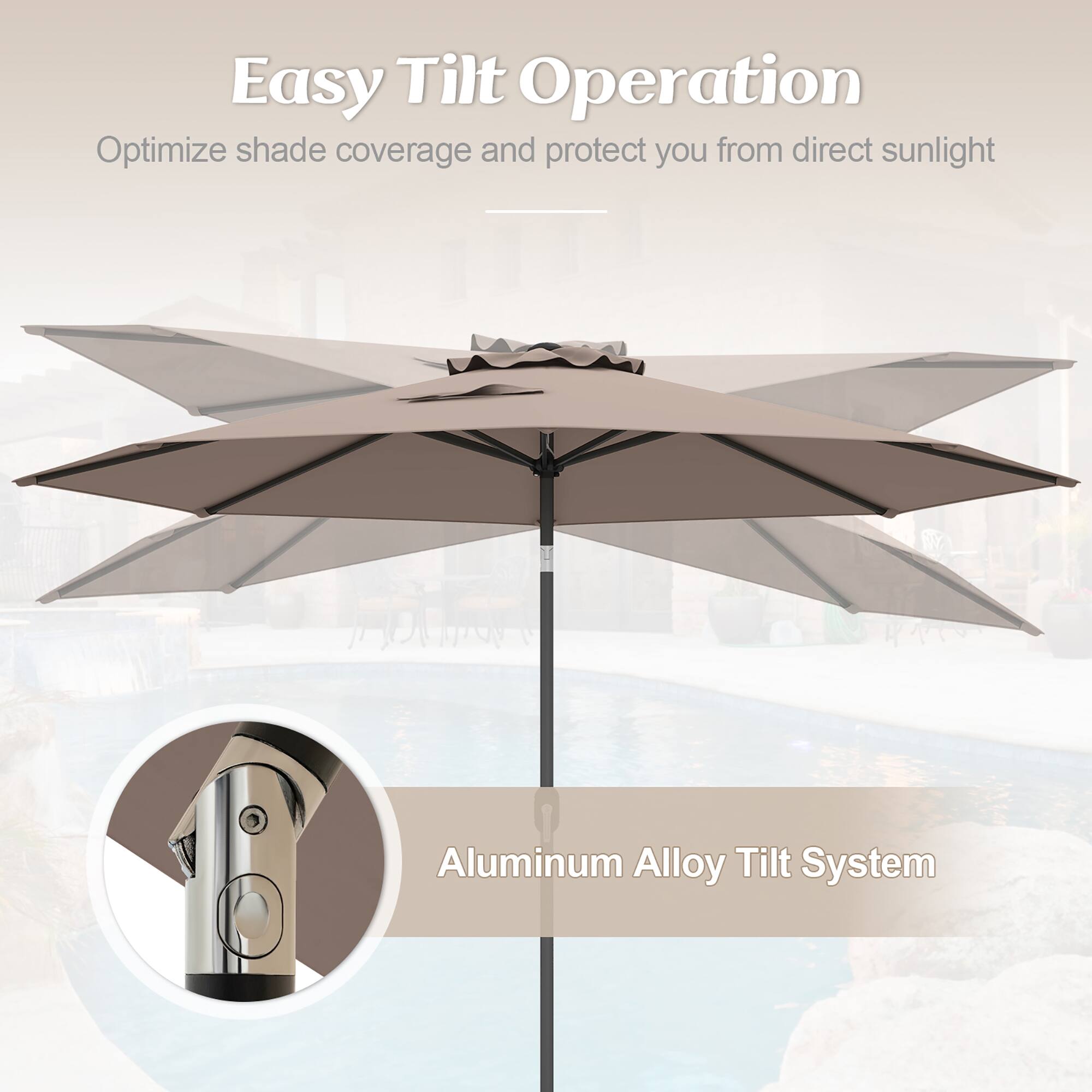 Easy Tilt Operation
Optimize shade coverage and protect you from direct sunlight
Aluminum Alloy Tilt System