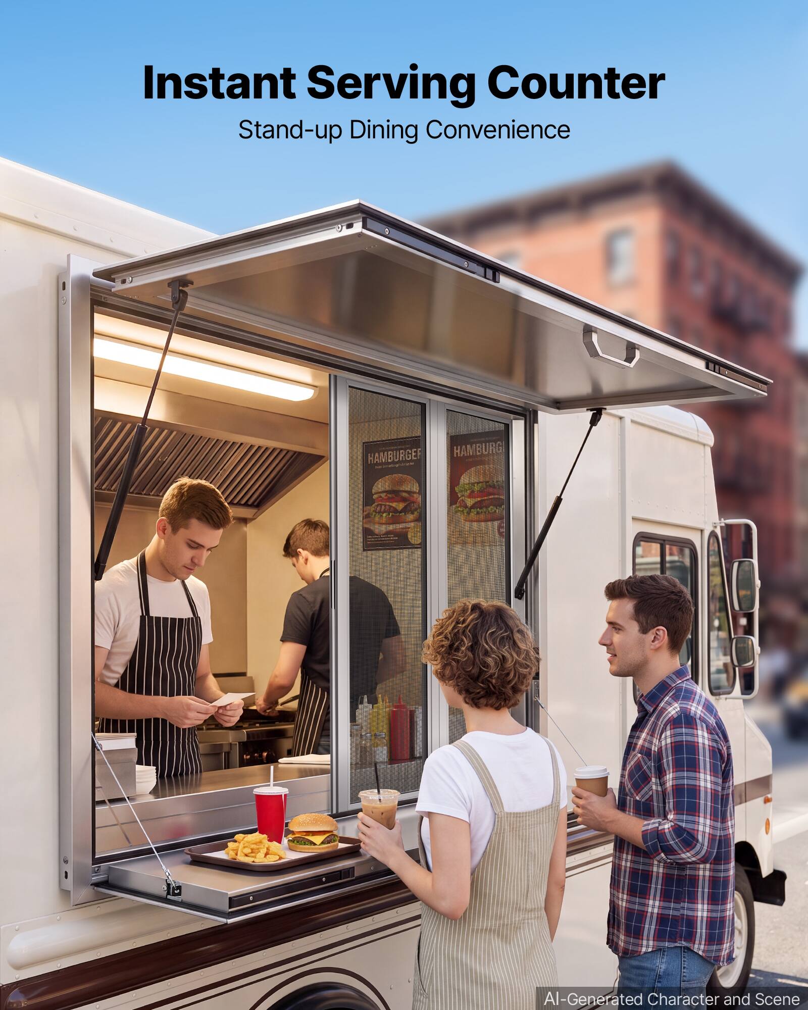 Instant Serving Counter  
Stand-up Dining Convenience  

HAMBURGER  
HAMBURGER  

AI-Generated Character and Scene