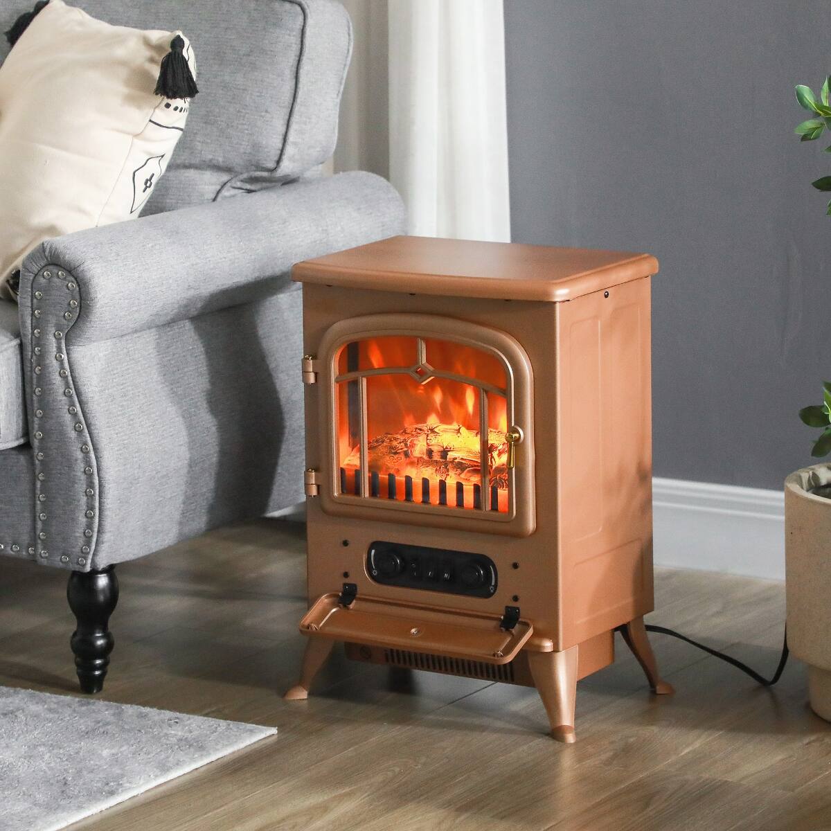 Alt View 2. Loheer - Loheer 22" Freestanding Electric Fireplace Stove with Realistic LED Flames and Logs, 750W/1500W, Dark Brown - Brown.
