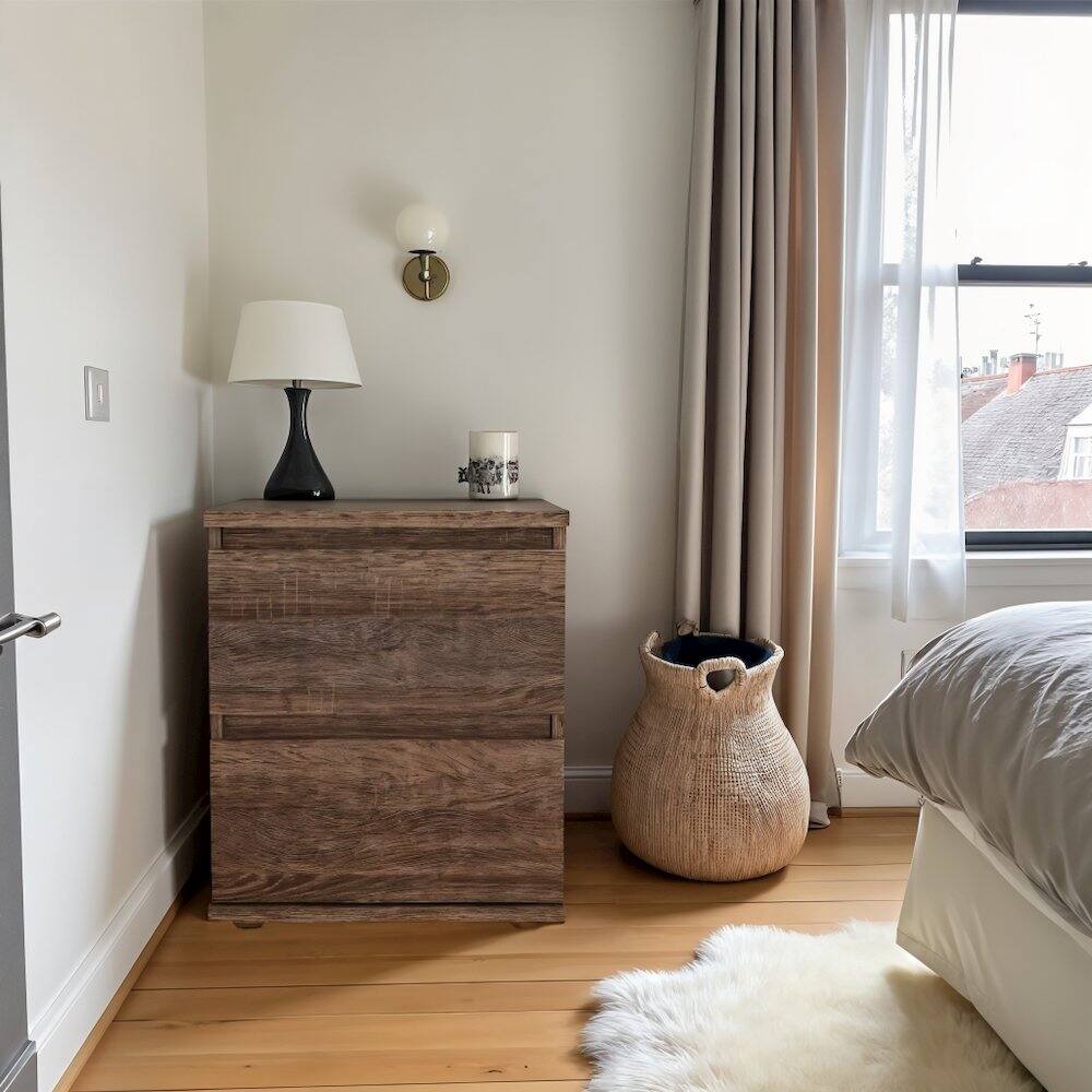 Alt View 2. FurniFact - 2 Drawer Nightstand - Stylish Small Dresser with Drawers for Bedrooms - Brown.