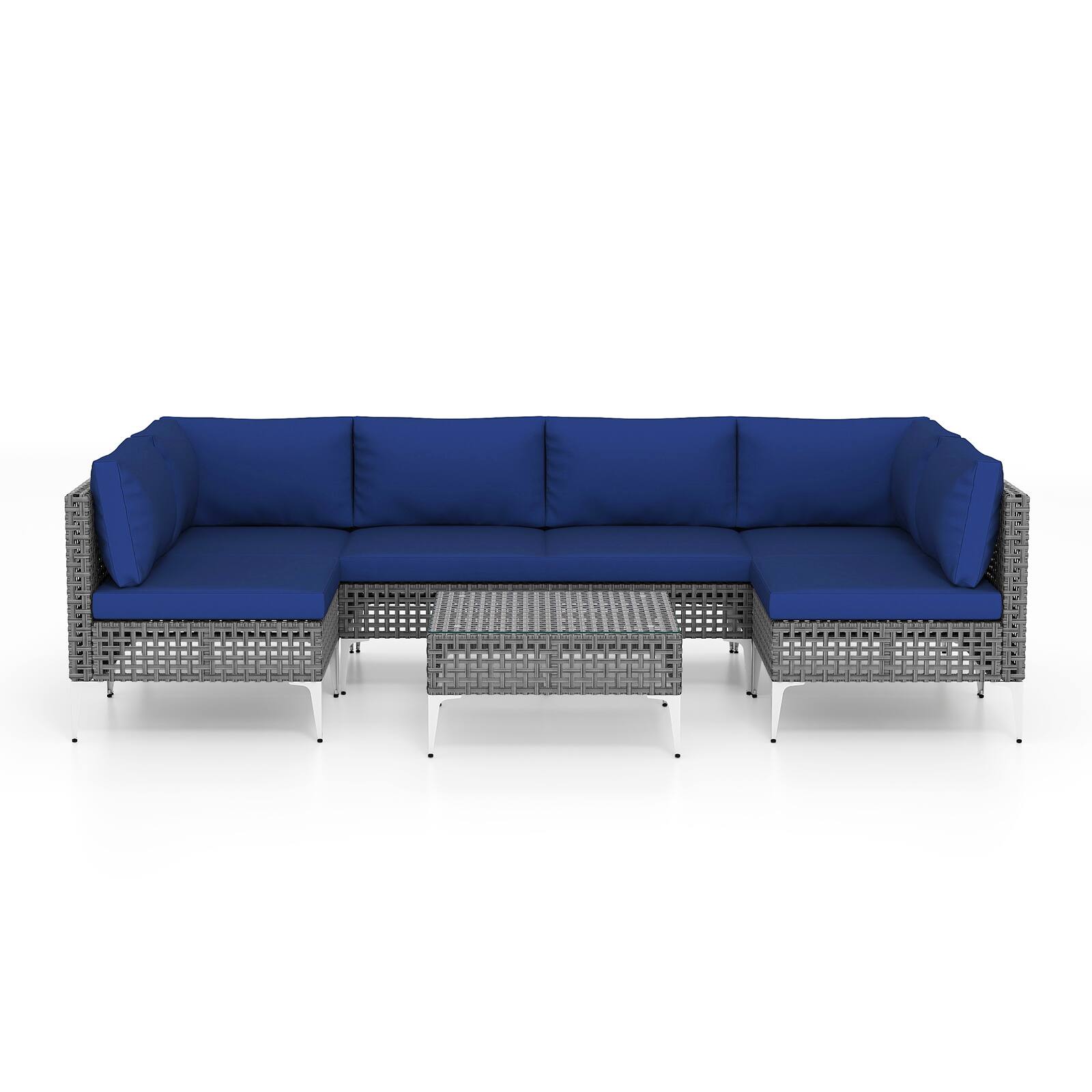 Alt View 5. Gymax - Gymax Set Of 7 Piece Outdoor Furniture Set w/Seat & Back Cushions Tempered Glass Coffee Table - Navy, Mix Gray.