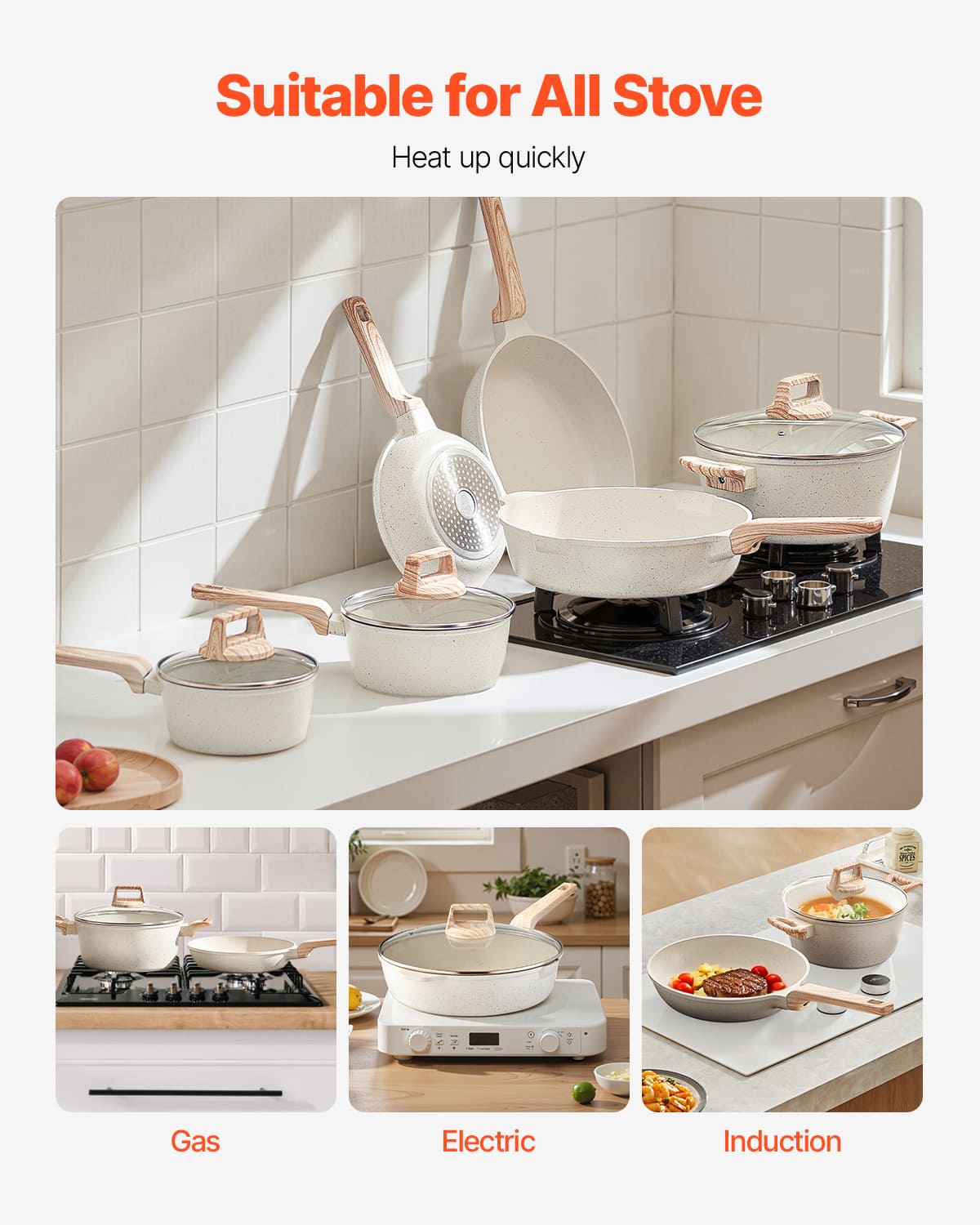 Suitable for All Stove. Heat up quickly. Gas, Electric, Induction.