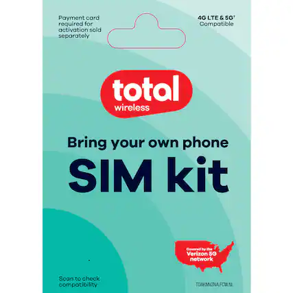 Payment card required for activation sold separately
4G LTE & 5G+ Compatible
total wireless
Bring your own phone SIM kit
Covered by the Verizon 5G network
Scan to check compatibility
TOAKMVZNA.FCW.NL
