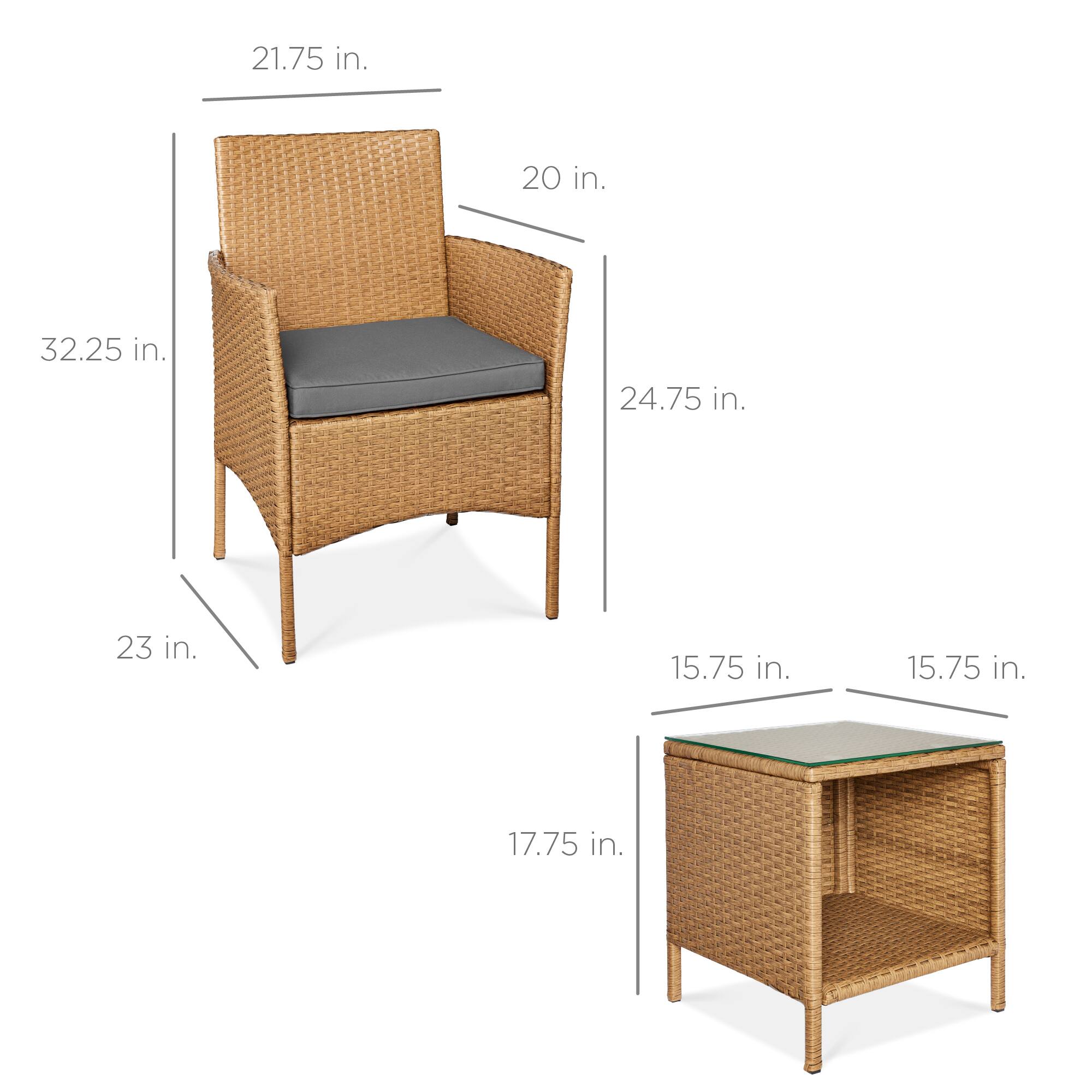 - Chair:
  - Height: 32.25 in.
  - Width: 21.75 in.
  - Depth: 24.75 in.
  - Seat Height: 17.75 in.
  - Seat Depth: 20 in.

- Table:
  - Height: 23 in.
  - Width: 15.75 in.
  - Depth: 15.75 in.