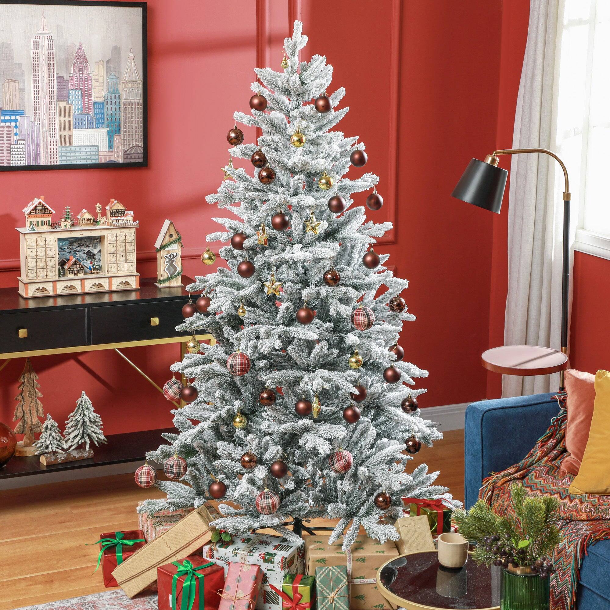 Angle. BreeBe - 6ft Snow Flocked Artificial Christmas Tree with 994 Tips - Green.