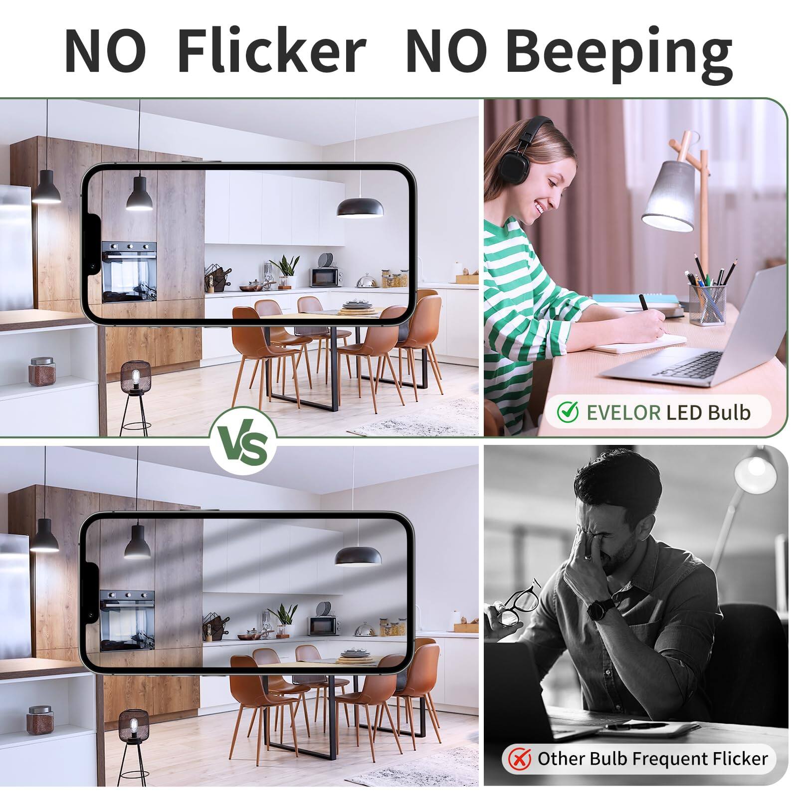 NO Flicker  
NO Beeping  

EVELOR LED Bulb  

VS  

Other Bulb Frequent Flicker