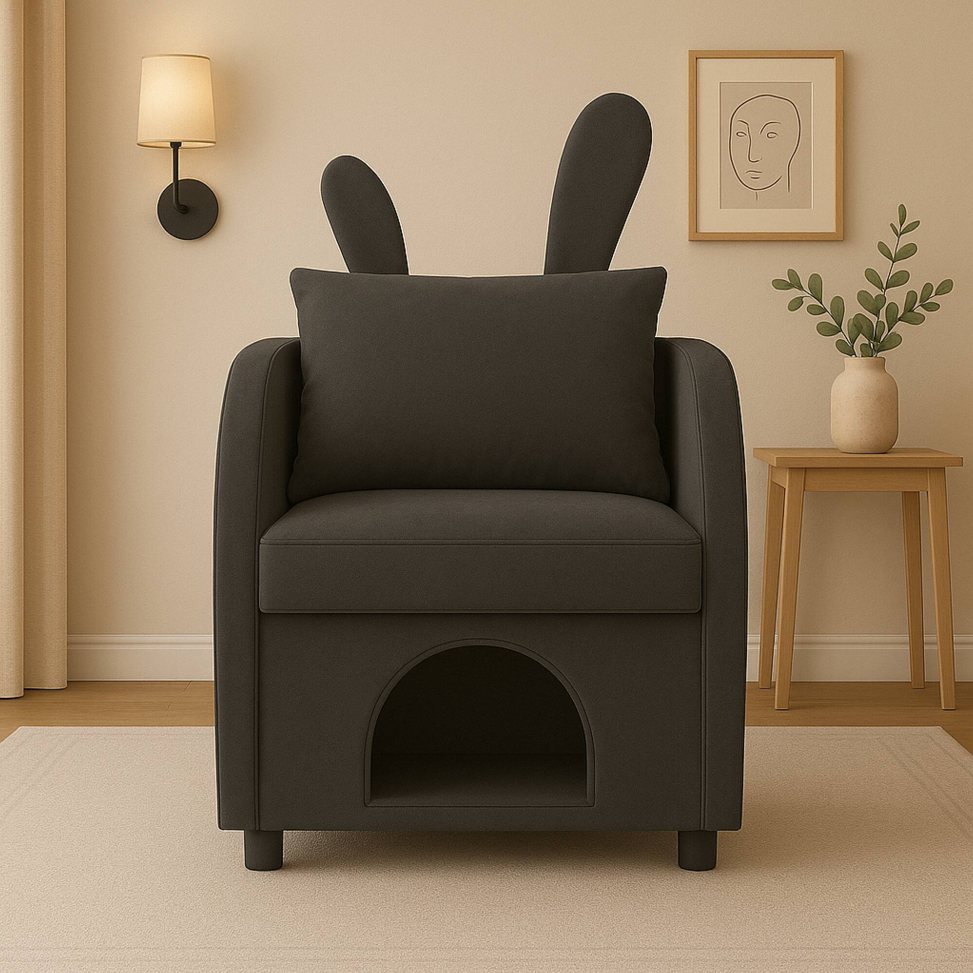 Angle. GOODSILO - Pet-Friendly Armchair with Hideaway Compartment and Bunny-Ear Design for Small Animals and Compact Living Spaces - Dark Gray.