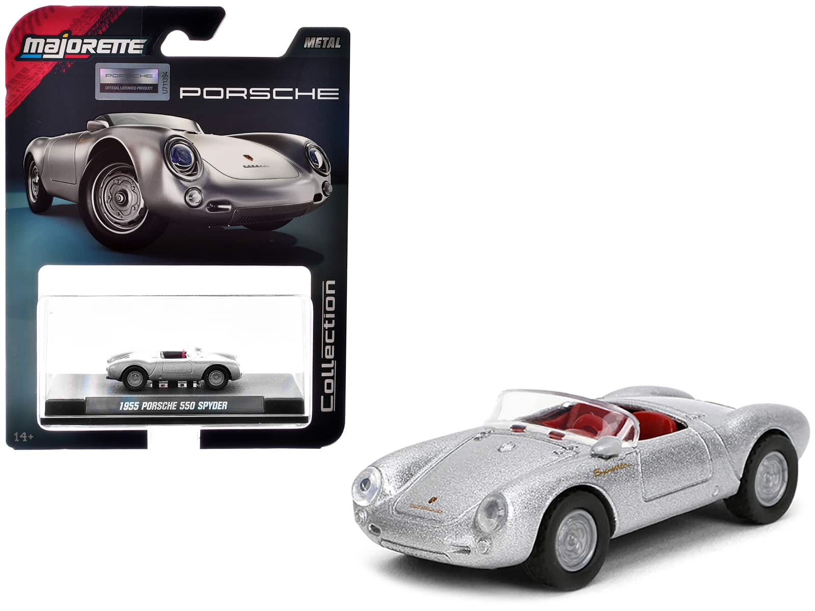 1955 Porsche 550 Spyder Interior "Collection" Series 1/64 Diecast Model Car by Majorette - Silver Metallic with Red