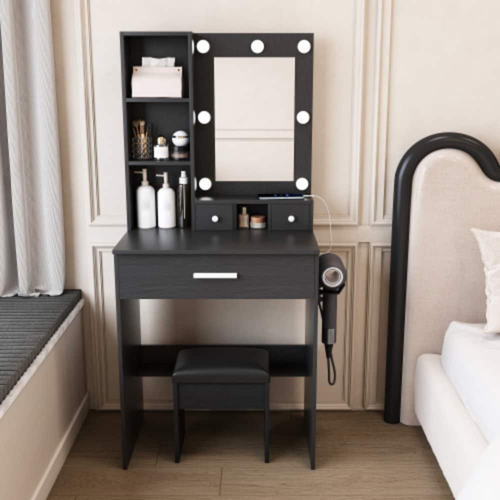 LUCKY ONE - Compact Vanity Table with LED Mirror, Power Outlet, Hairdryer Holder, Drawers and Stool for Small Bedroom - Black