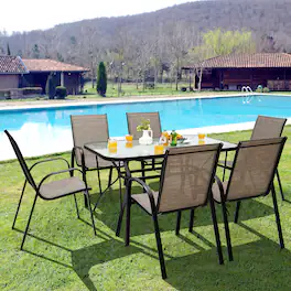 Gymax - 7PCS Patio Dining Furniture Set w/ 6 Stackable Armchairs & Umbrella Hole - Brown
