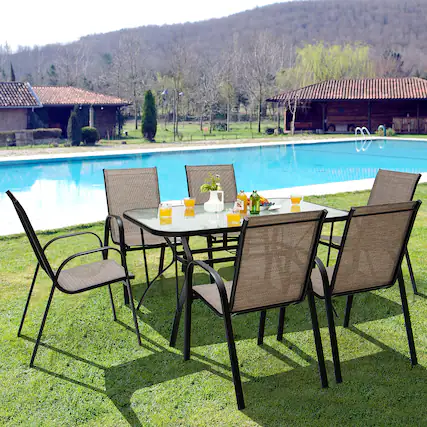 Front. Gymax - Gymax 7PCS Patio Dining Furniture Set w/ 6 Stackable Armchairs & Umbrella Hole - Brown.