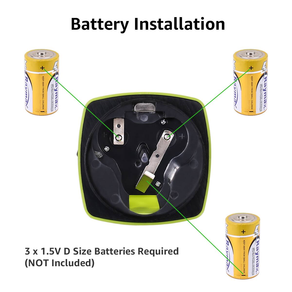 Battery Installation + Workmax 3 X 1.5V D Size Batteries Required (NOT Included)